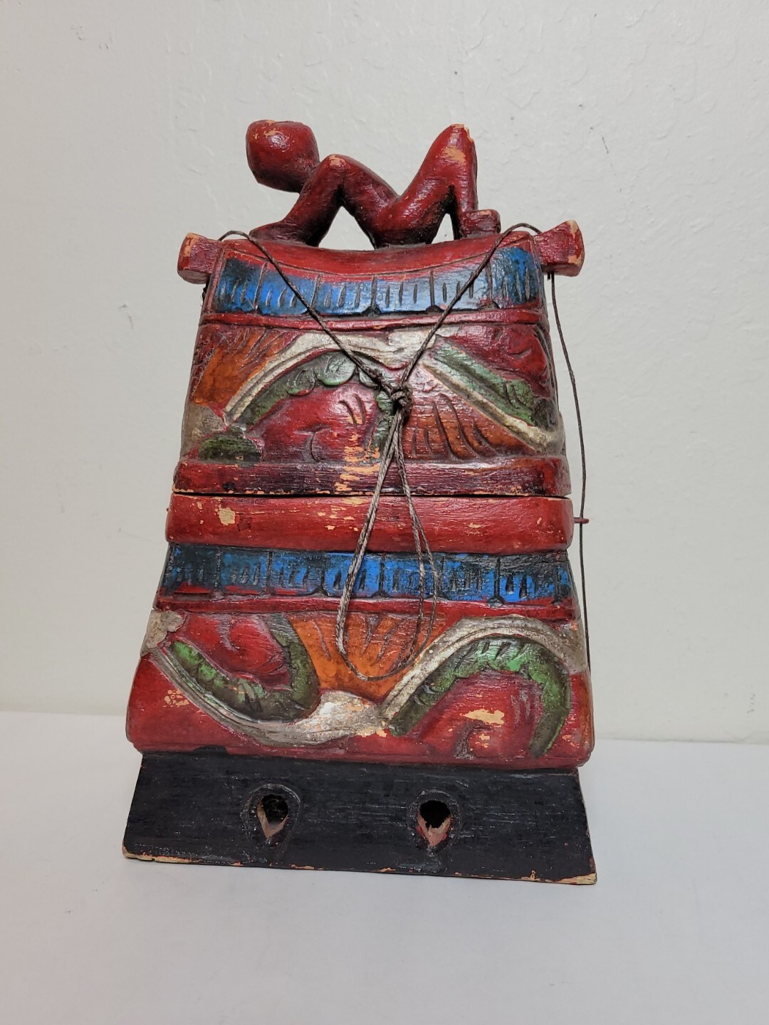 Vintage Old & Primitive Wooden Medicine or Travel Bag Hand Carved & Hand Painted