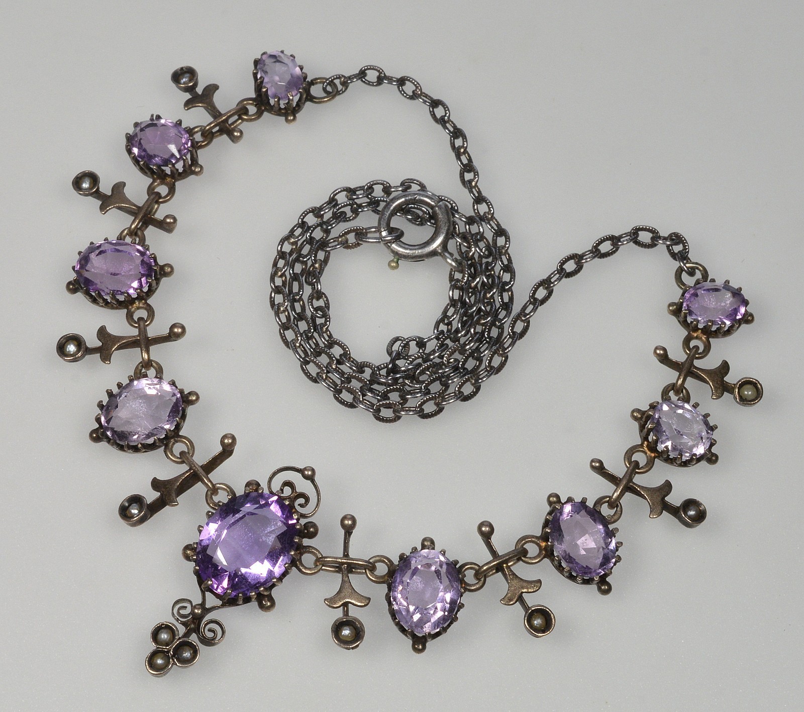 ANTIQUE AUSTRO-HUNGARIAN AMETHYST PEARL FILIGREE SILVER NECKLACE C.1890