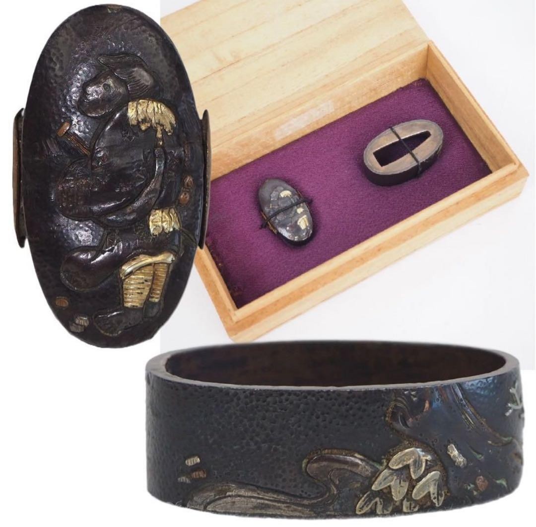 Antique Japanese Metal Fuchi Kashira Edo Period Gold Silver Zogan Wooden Box Antique Japanese Metal Fuchi Kashira Edo Period Gold Silver Zogan Wooden Box