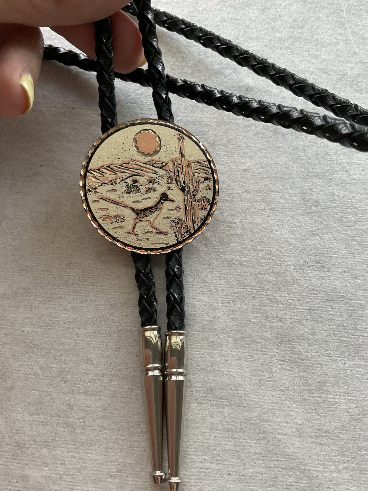 vintage Southwestern round copper bolo tie Etched Desert Roadrunner Cactus Sun 