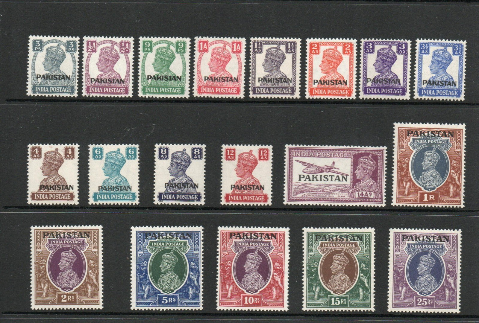 PAKISTAN SG 1-19 GVI 1947 DEFINITIVE SET MNH