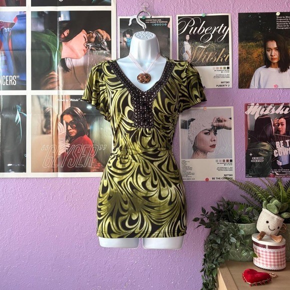 Y2K Green Abstract Swirl Embellished Top