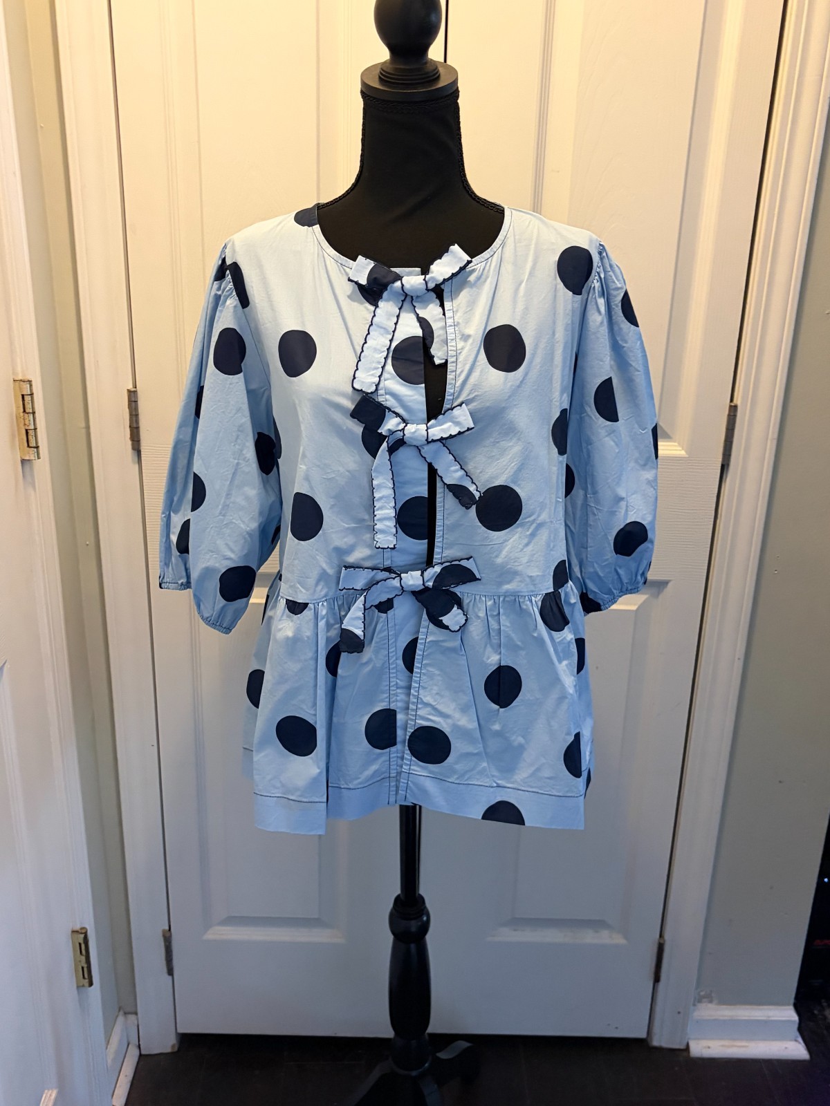 Oddi NWT Blue Polka Dot Printed Puffed Sleeve Blouse Top Size 1X