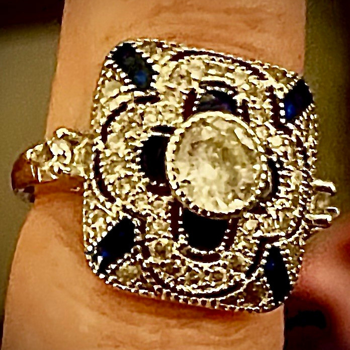 1935 Art Deco Square Cluster Platinum with 2.5ctw Natural Diamonds & Sapphires