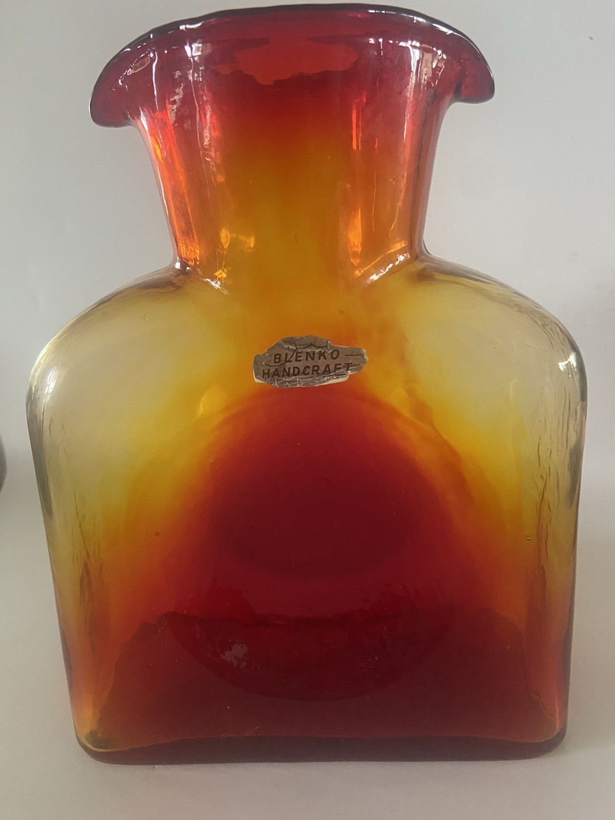 Blenko HTF #384 Tangerine Water Bottle 1958-61 Signed Double Spout MCM