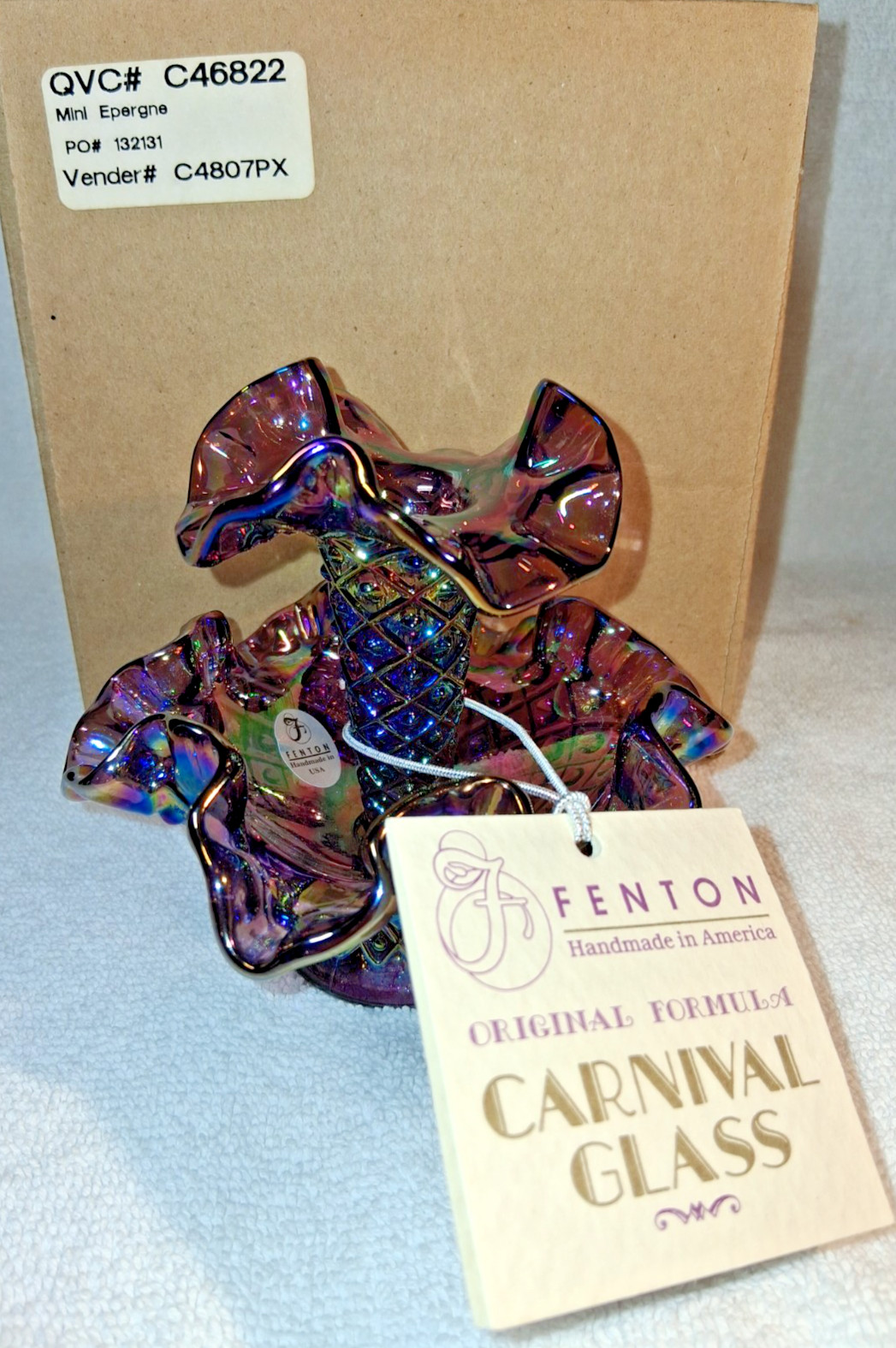 FENTON PLUM CARNIVAL GLASS DIAMOND LACE MIN EPERGNE ~QVC BOX & 1998 RECEIPT~READ