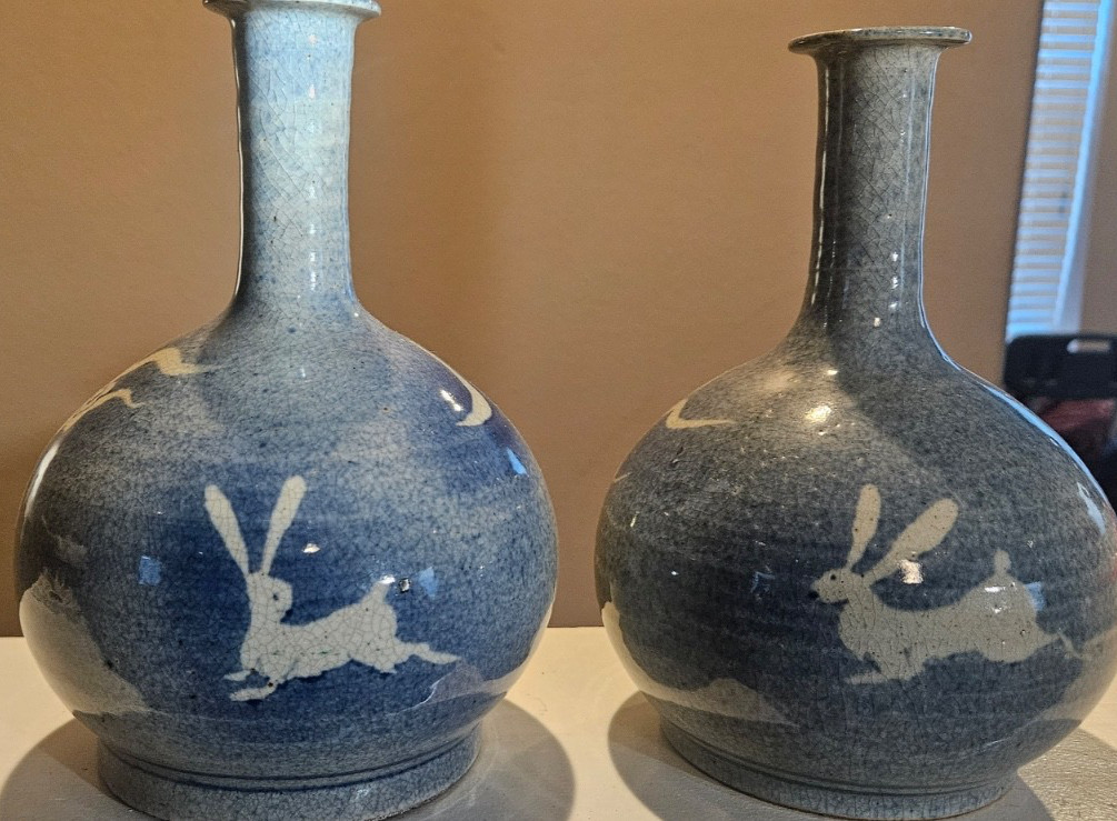 Vintage Japanese Moon Rabbit Blue Crackle Glaze Tokkuri Sake Vases - Pair Vintage Japanese Moon Rabbit Blue Crackle Glaze Tokkuri Sake Vases - Pair