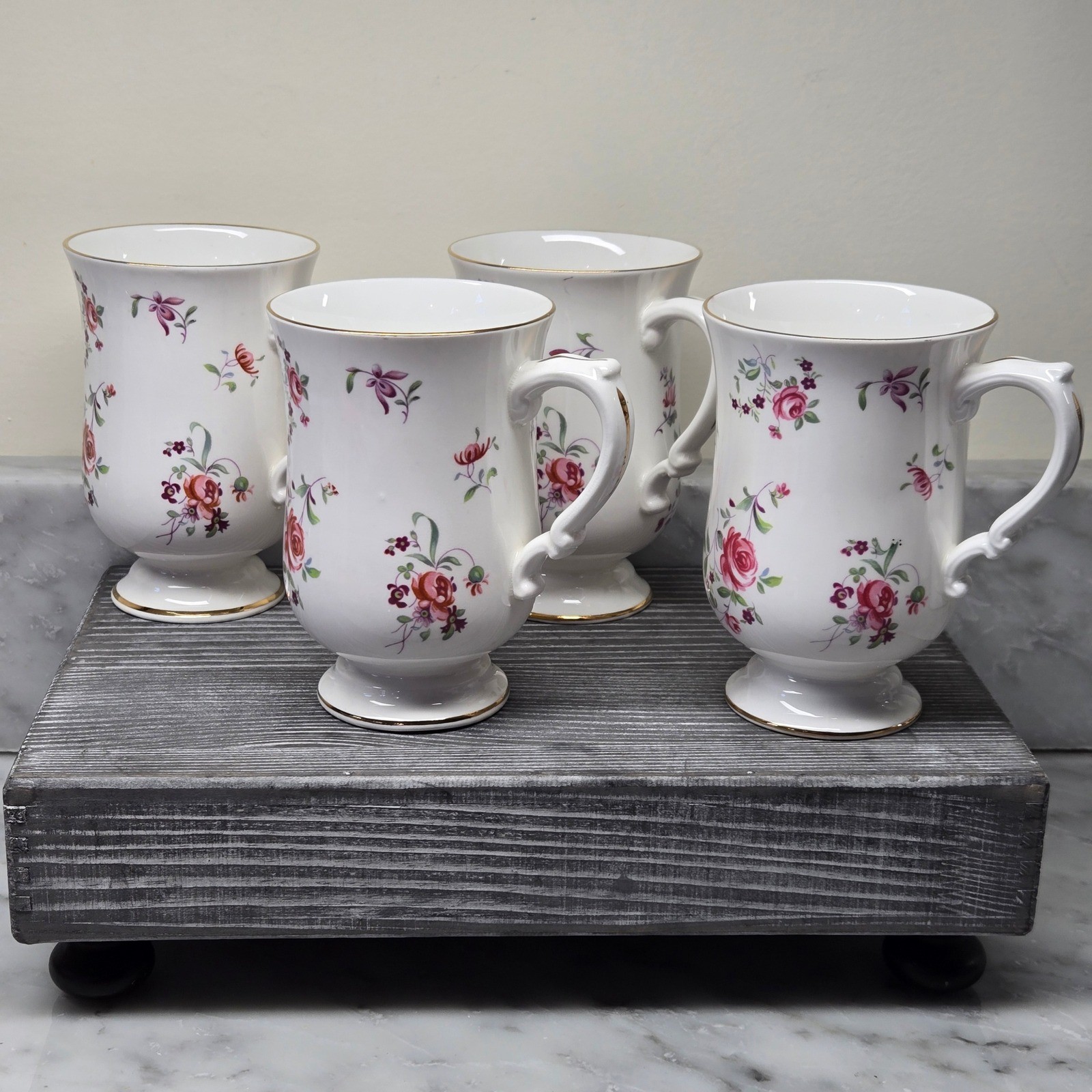 VTG Royal Victoria English Garden Fine Bone China Footed Mugs Gold Trim Set of 4 VTG Royal Victoria English Garden Fine Bone China Footed Mugs Gold Trim Set of 4