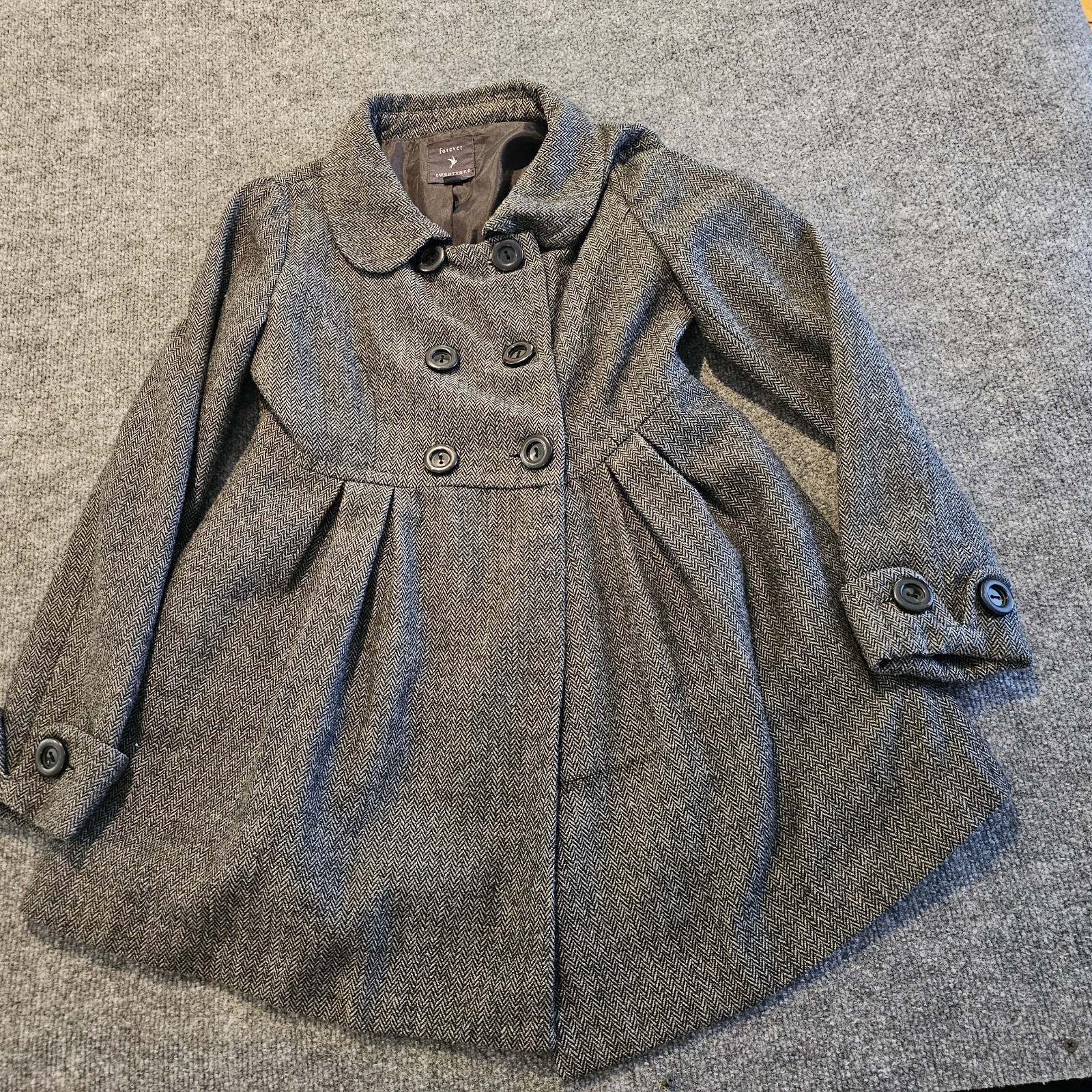 Forever Twenty One Womens Grey Houndstooth Long Sleeve Peplum Pea Coat-  Medium