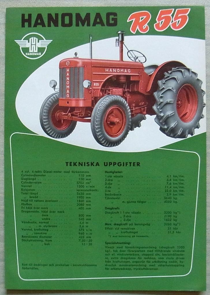 HANOMAG R55 Tractor Sales Specification Leaflet 1950s Swedish Text Ref 348