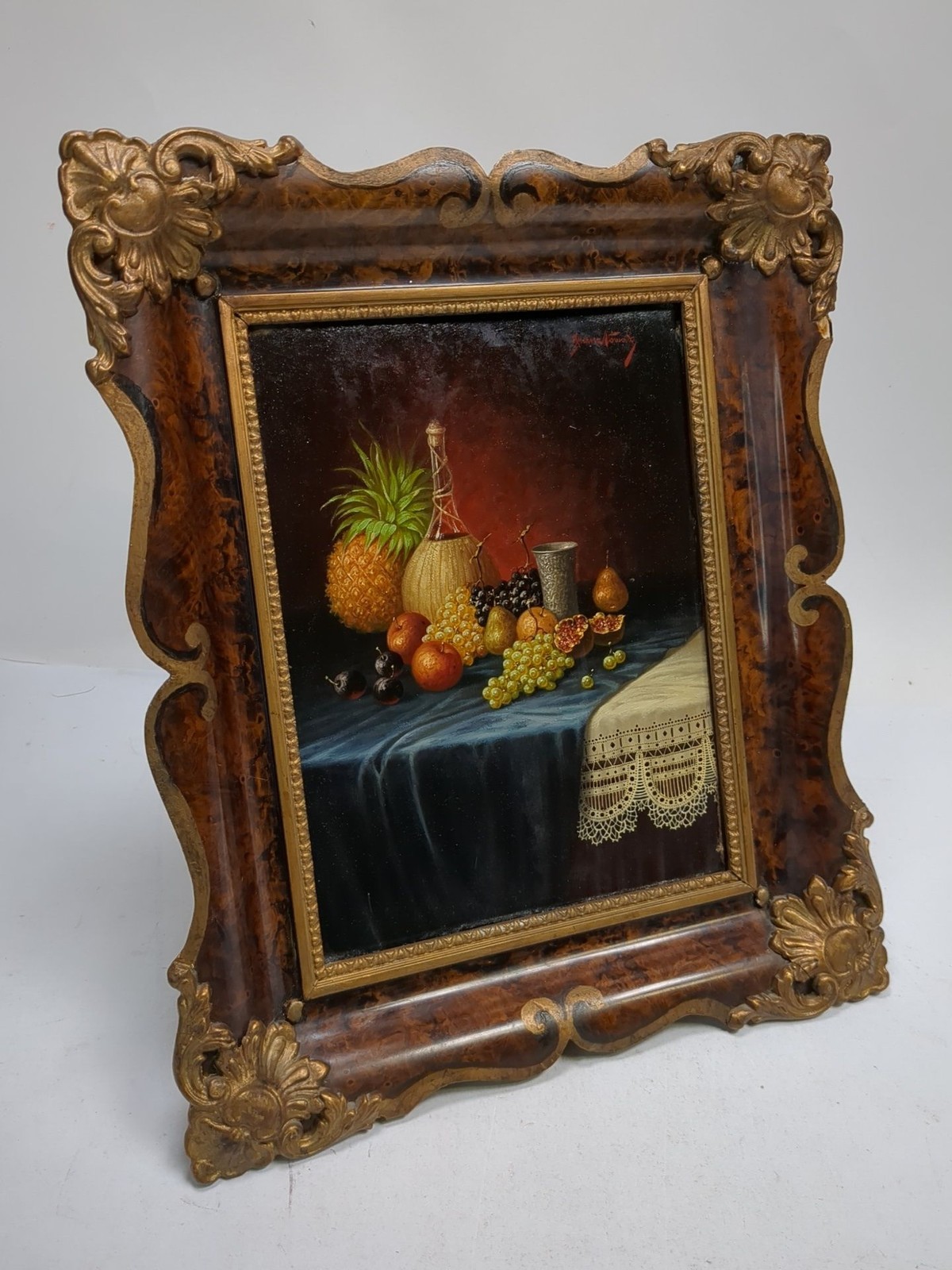 Still Life Fruit & Wine on Table, Franz Nowak, Signed, Original, Framed, Oil
