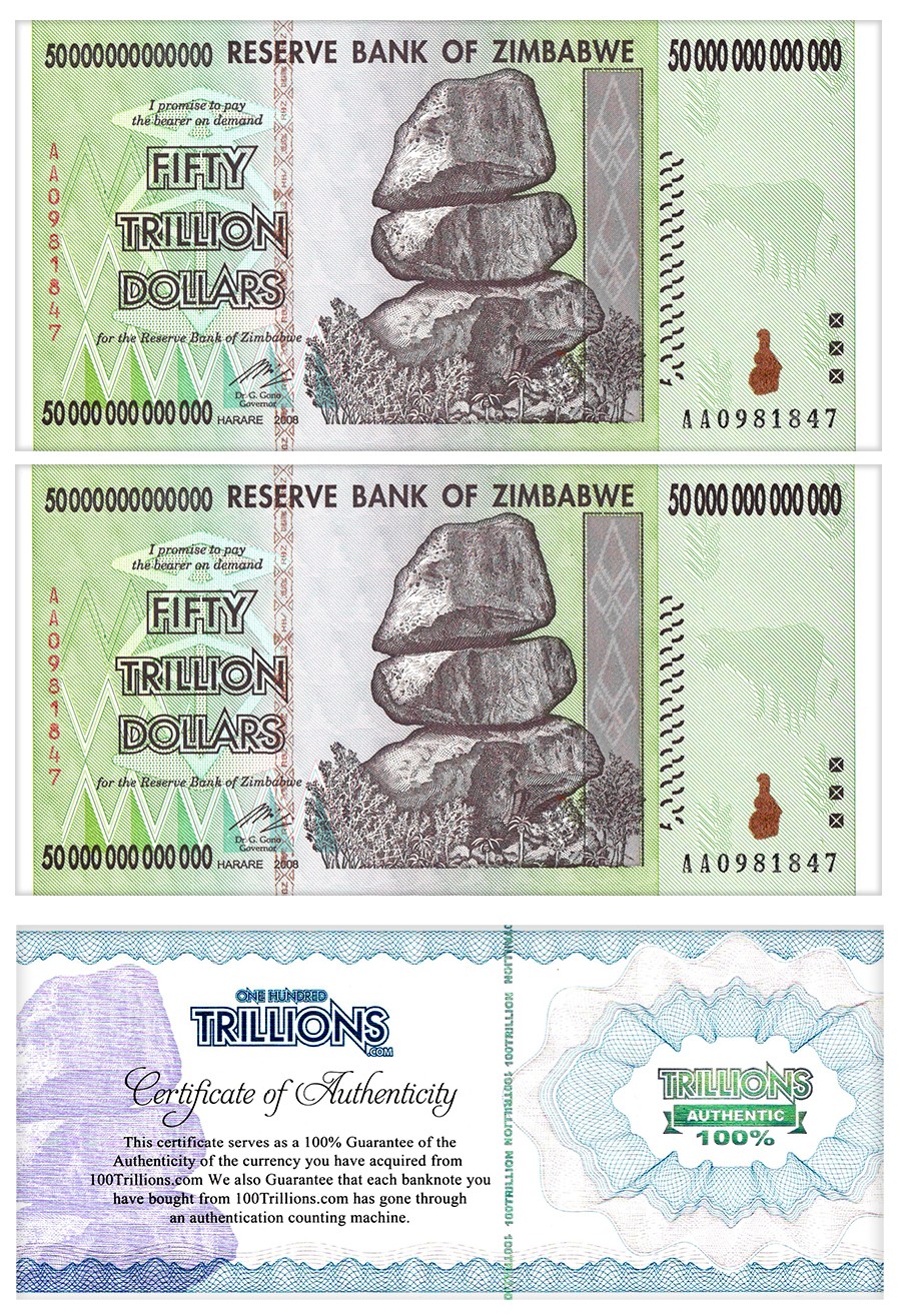 ZIM Zimbabwe 50 TRILLION  AA/2008 UNC 100% COA genuine 2 BANKNOTES, bundle, USA