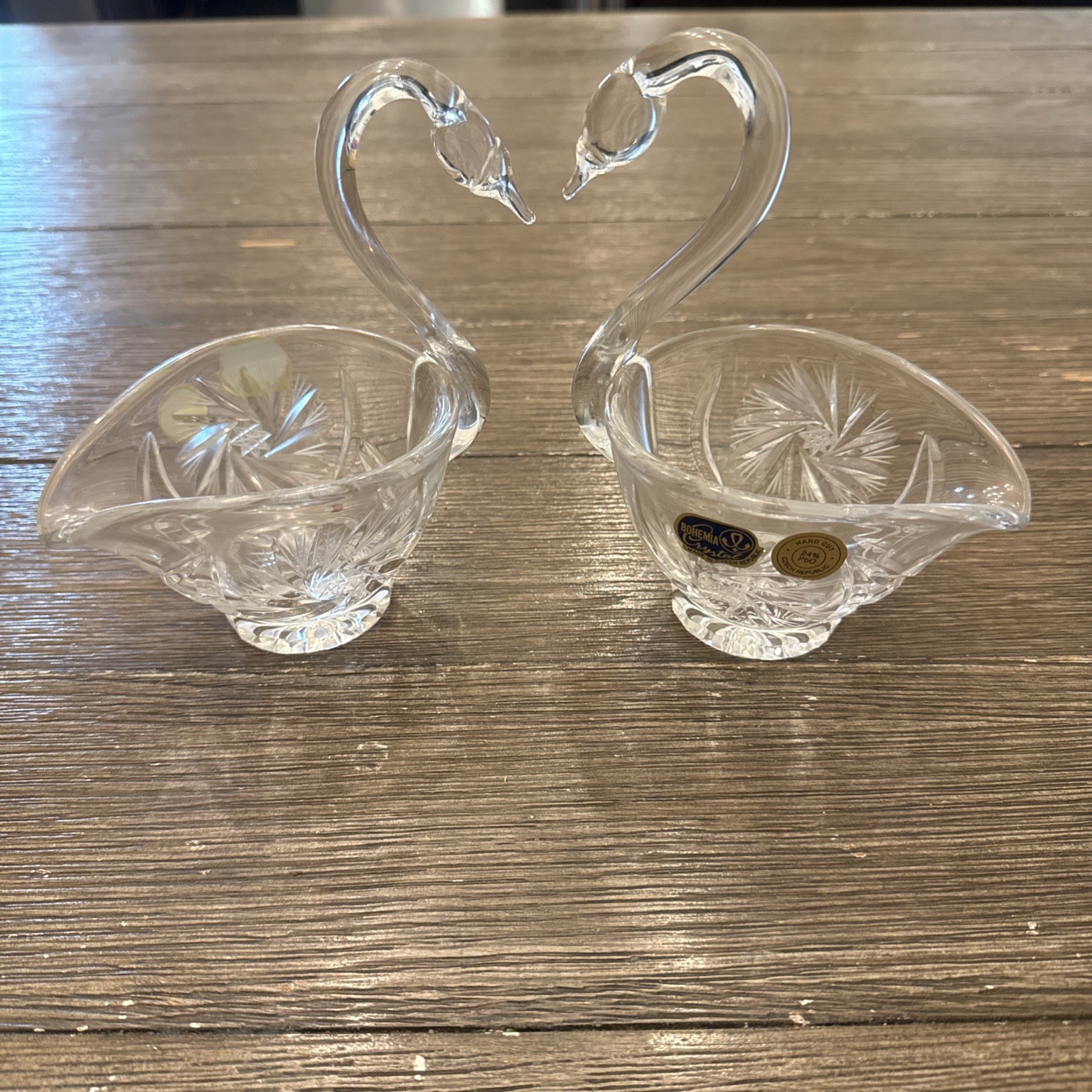 Pair Of Sklo Bohemia Czech Hand Cut Crystal Swan Bohemian Valentine\'s Day Gift