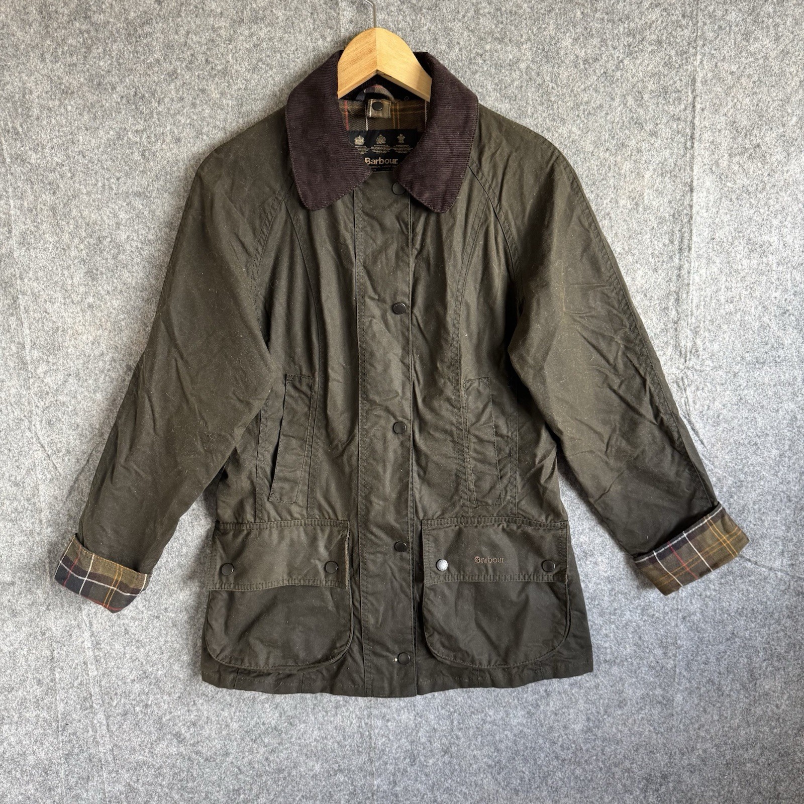 Barbour Classic Beadnell Women’s Wax Jacket UK 8 Olive Green Tartan Made England