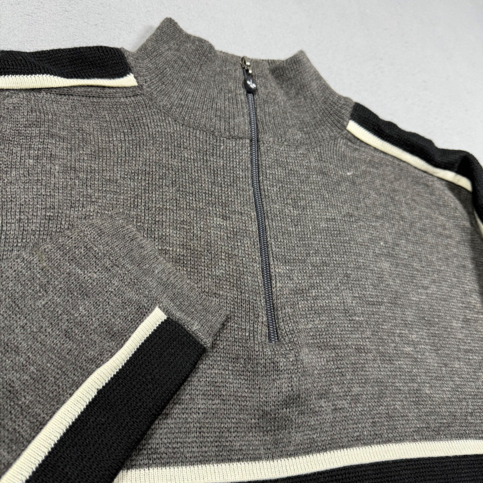 Meister Sport Collection Wool Blend Quarter Zip Sweater Grey Black Stripe XL