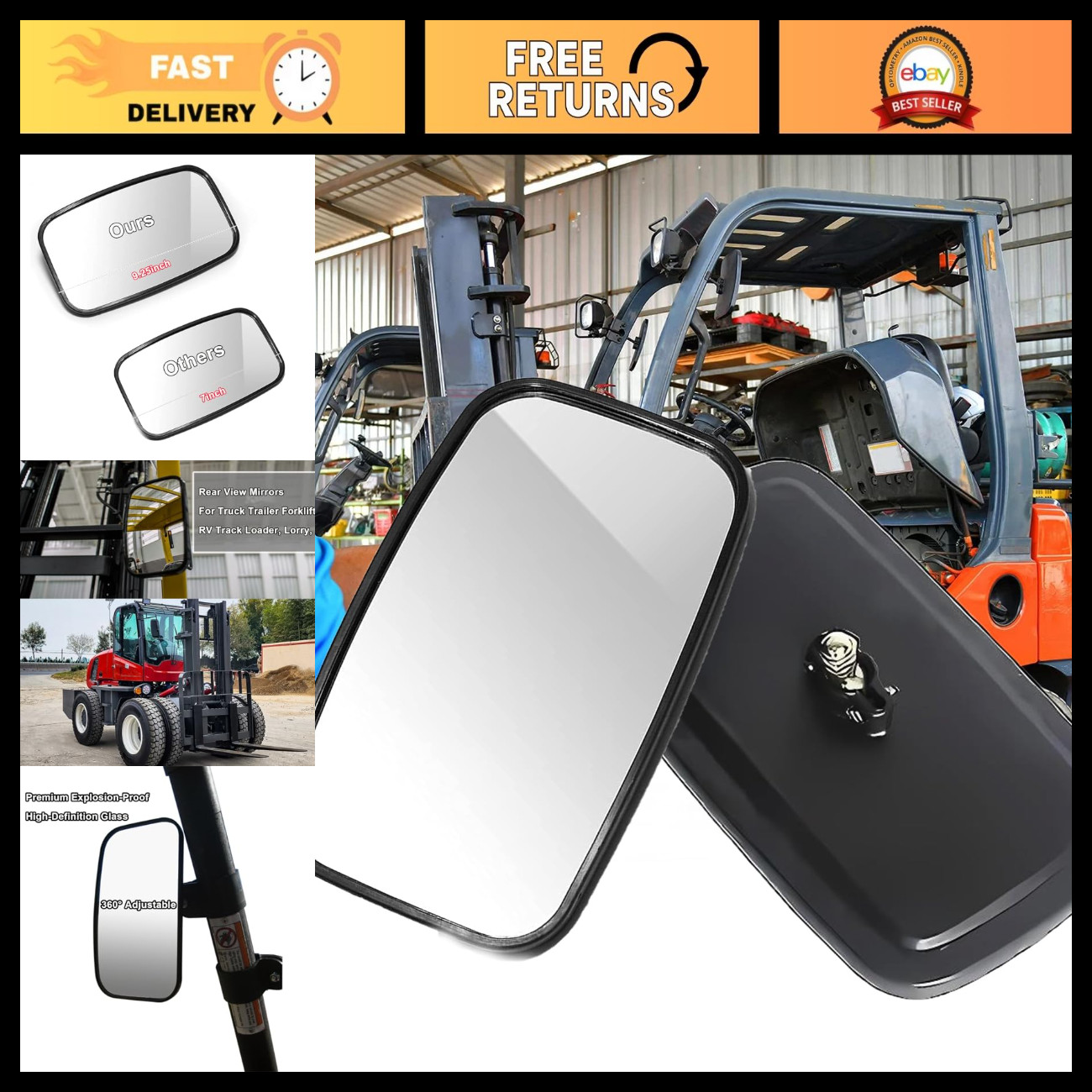 2PCS Square HD Wide-Angle Rear View Mirrors for Forklifts, Trucks, RVs, Trailers 2PCS Square HD Wide-Angle Rear View Mirrors for Forklifts, Trucks, RVs, Trailers