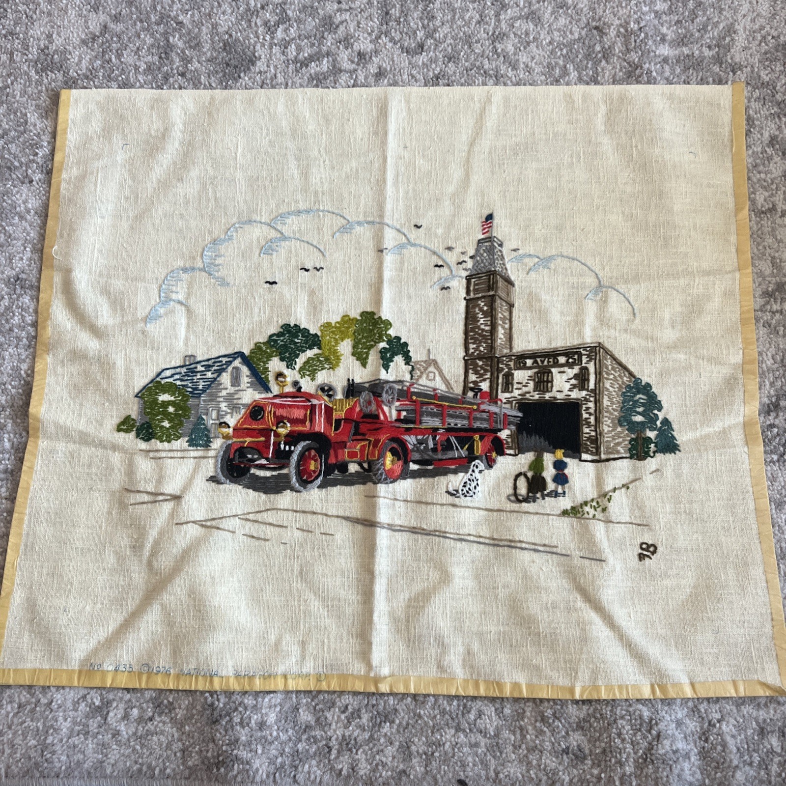 Vintage 1970s Paragon Needlecraft Fire Dept Mack AC Ladder Truck Embroidery