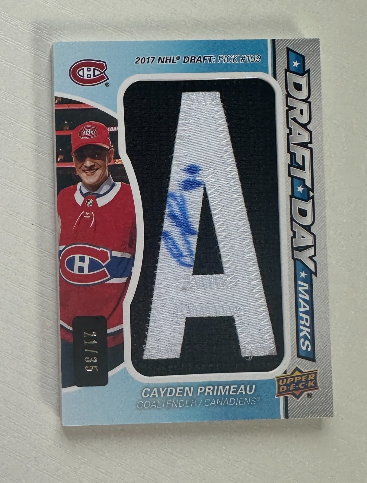 2020-21 SP Game Used Draft Day Marks Auto Patch Cayden Primeau /35 #X1064