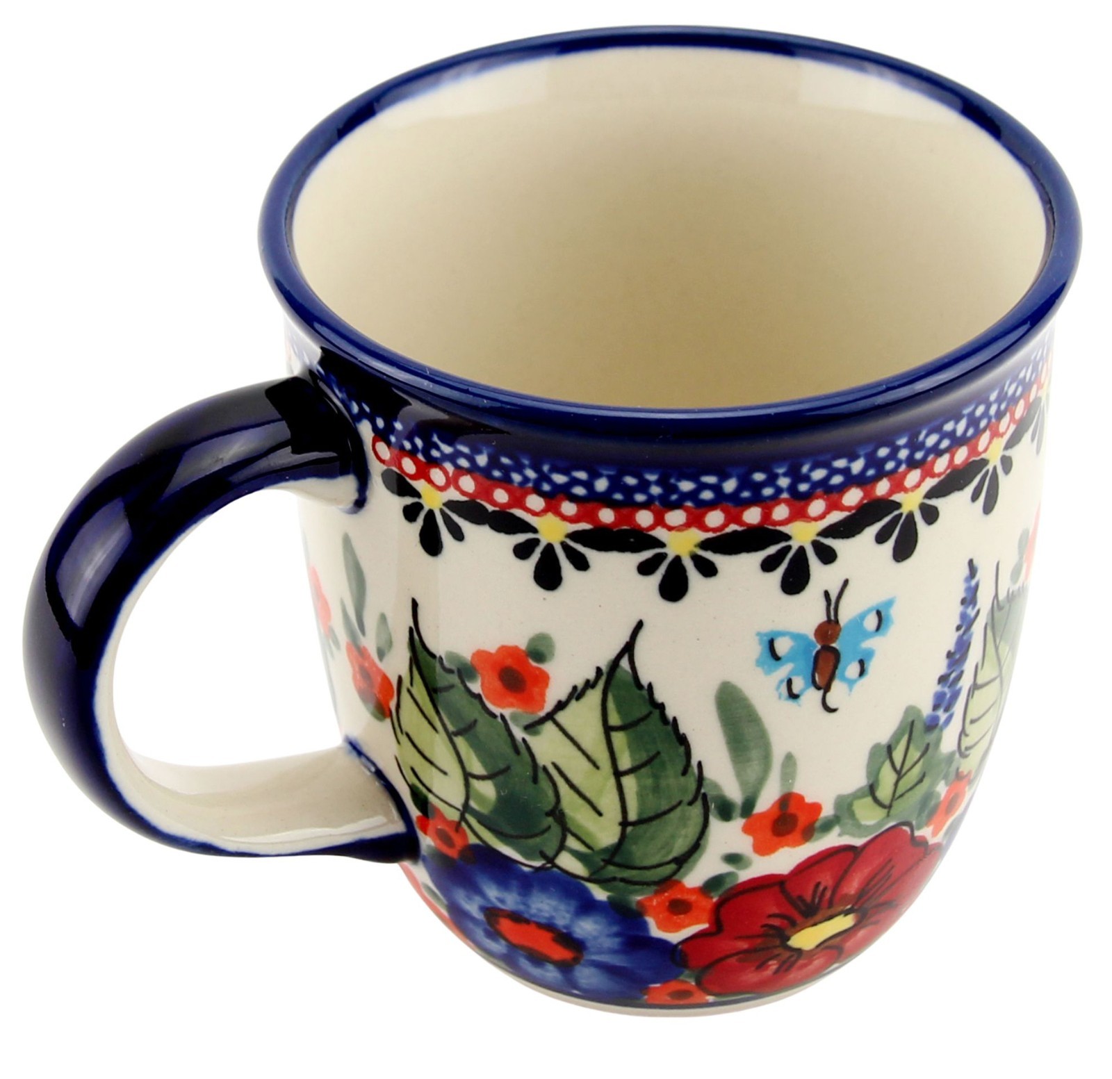 Polish Pottery Unikat Coffee Mug 12 oz Floral Butterfly Boleslawiec Hand Painted