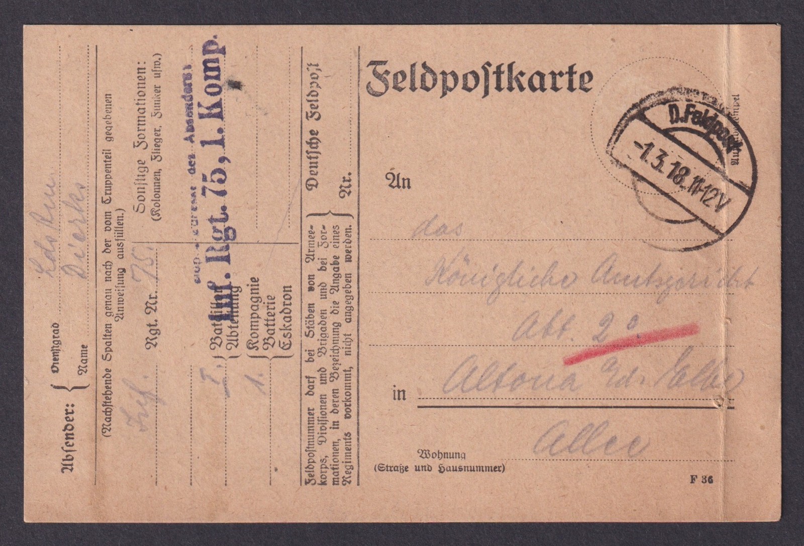 GERMANY 1918, Fieldpost post card WWI Inf. Rgt.75, 1 Komp.