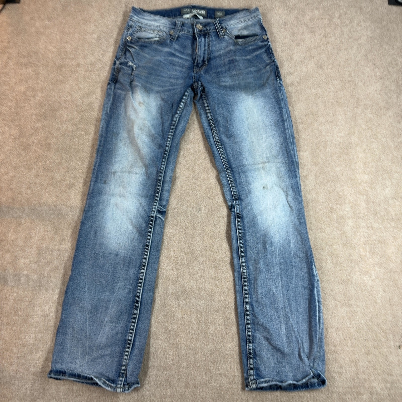 BKE Carter Jeans Men’s Size 30R Bootleg Medium Wash Whiskered Stretch Denim