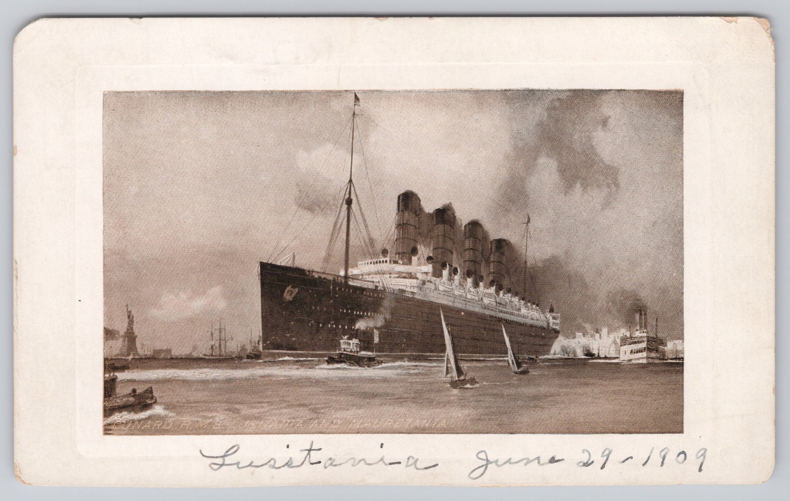 1909 RMS Lusitania and Mauretania Cunard Leaving NYC Postcard Statue of Liberty