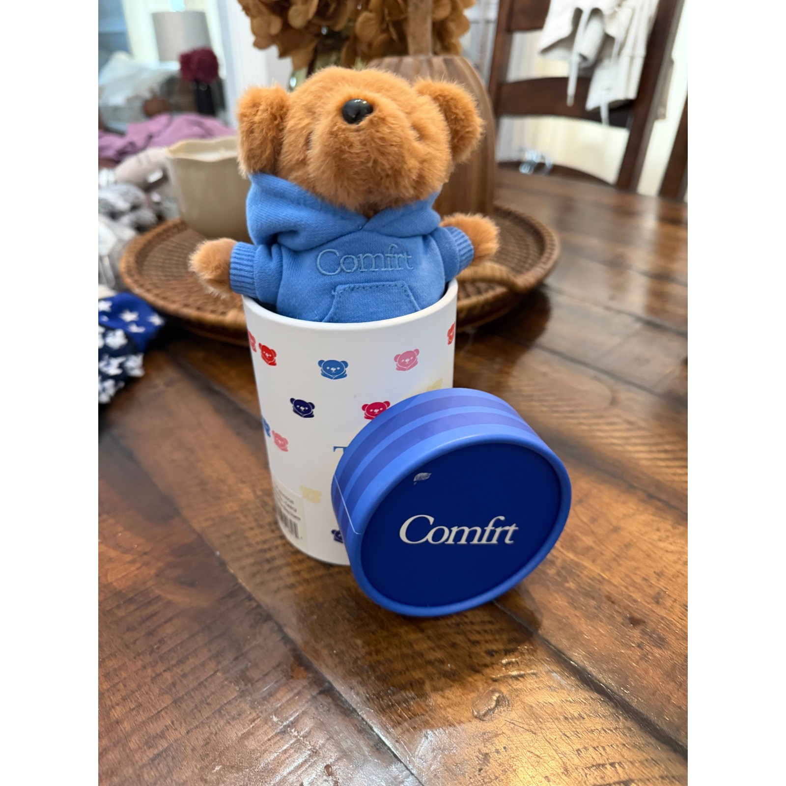 Comfrt The Teddy Plush Keychain Bear with Blue Hoodie and Original Canister Comfrt The Teddy Plush Keychain Bear with Blue Hoodie and Original Canister