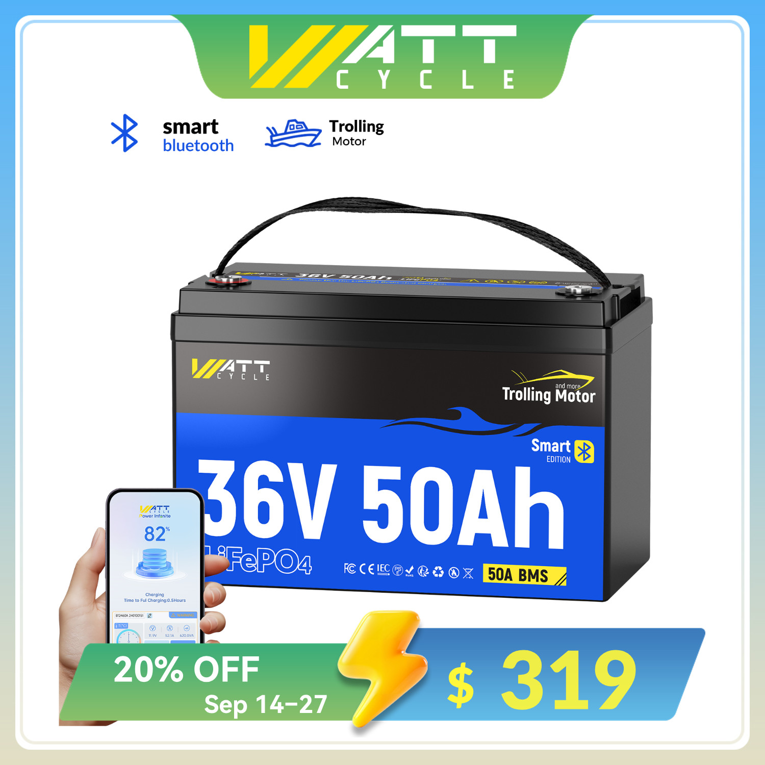 Wattcycle 36V 50Ah 1920Wh LiFePO4 Battery Bluetooth for 100-120lb Trolling Motor