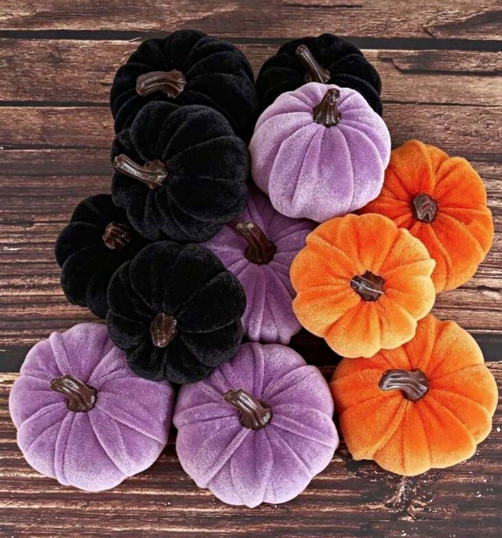 6pcs Fabric Velvet Artificial Pumpkins, Orange Purple Black, 2.95in 6pcs Fabric Velvet Artificial Pumpkins, Orange Purple Black, 2.95in