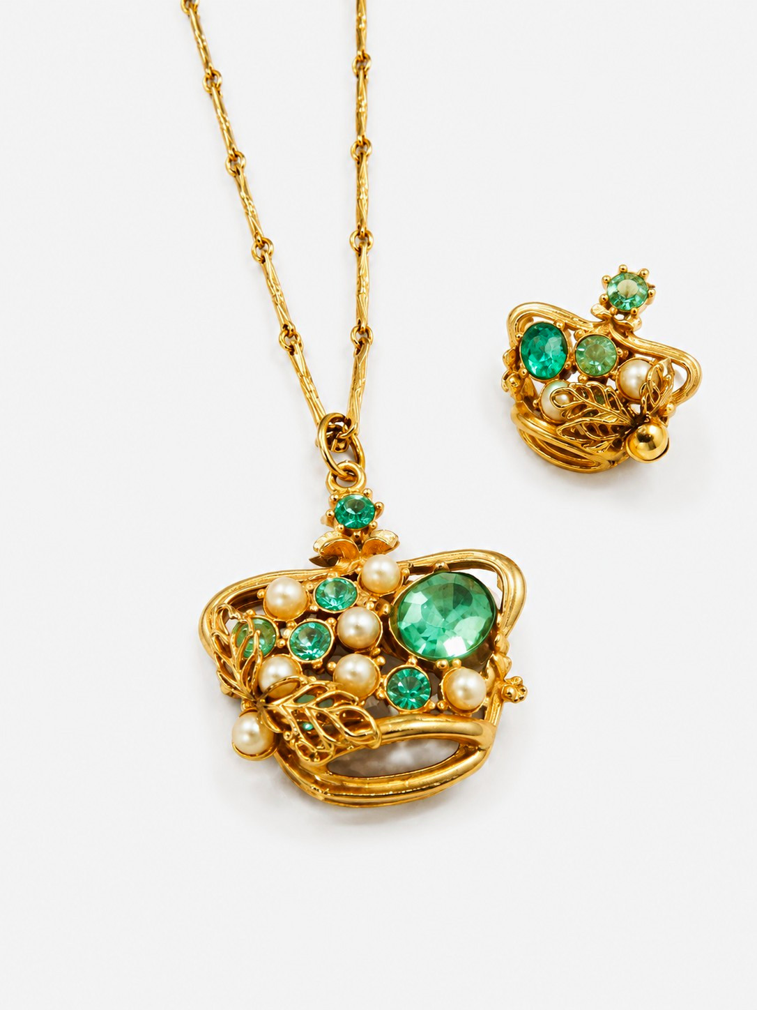 Antique Vintage Royal Crown Necklace & Single Earring Green Stones 10k??