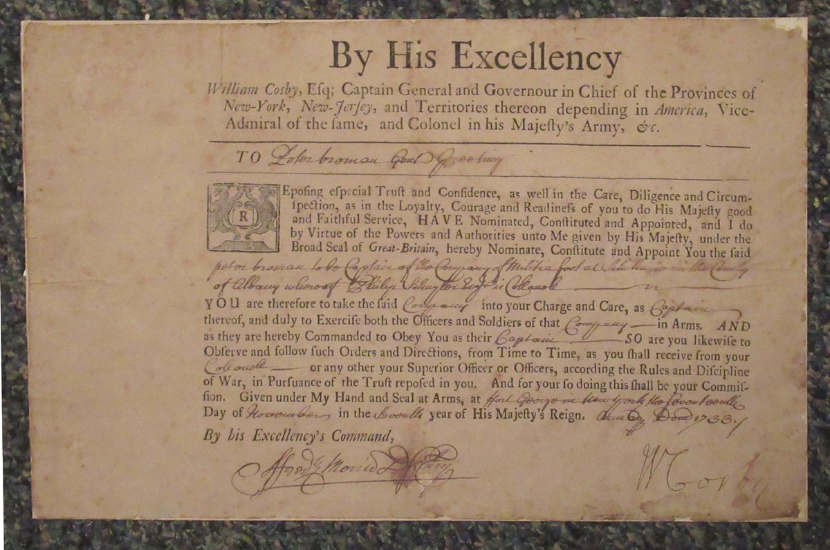 1733 Provincial Governor William Cosby Signed Military Appointment