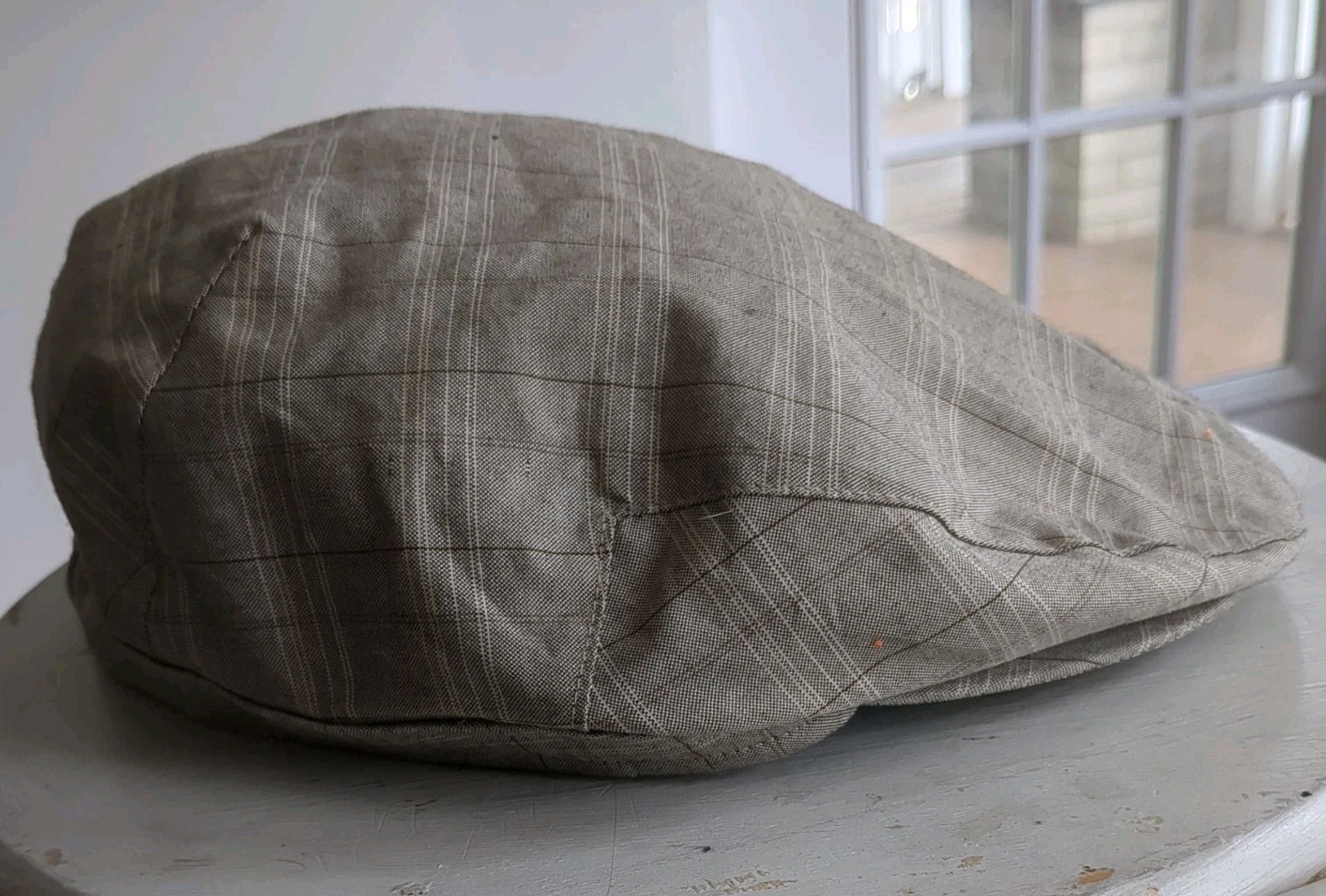 New Mayser Flat Brim Hat Cotton And Linen Tan/Cream plaid Hat Size 63