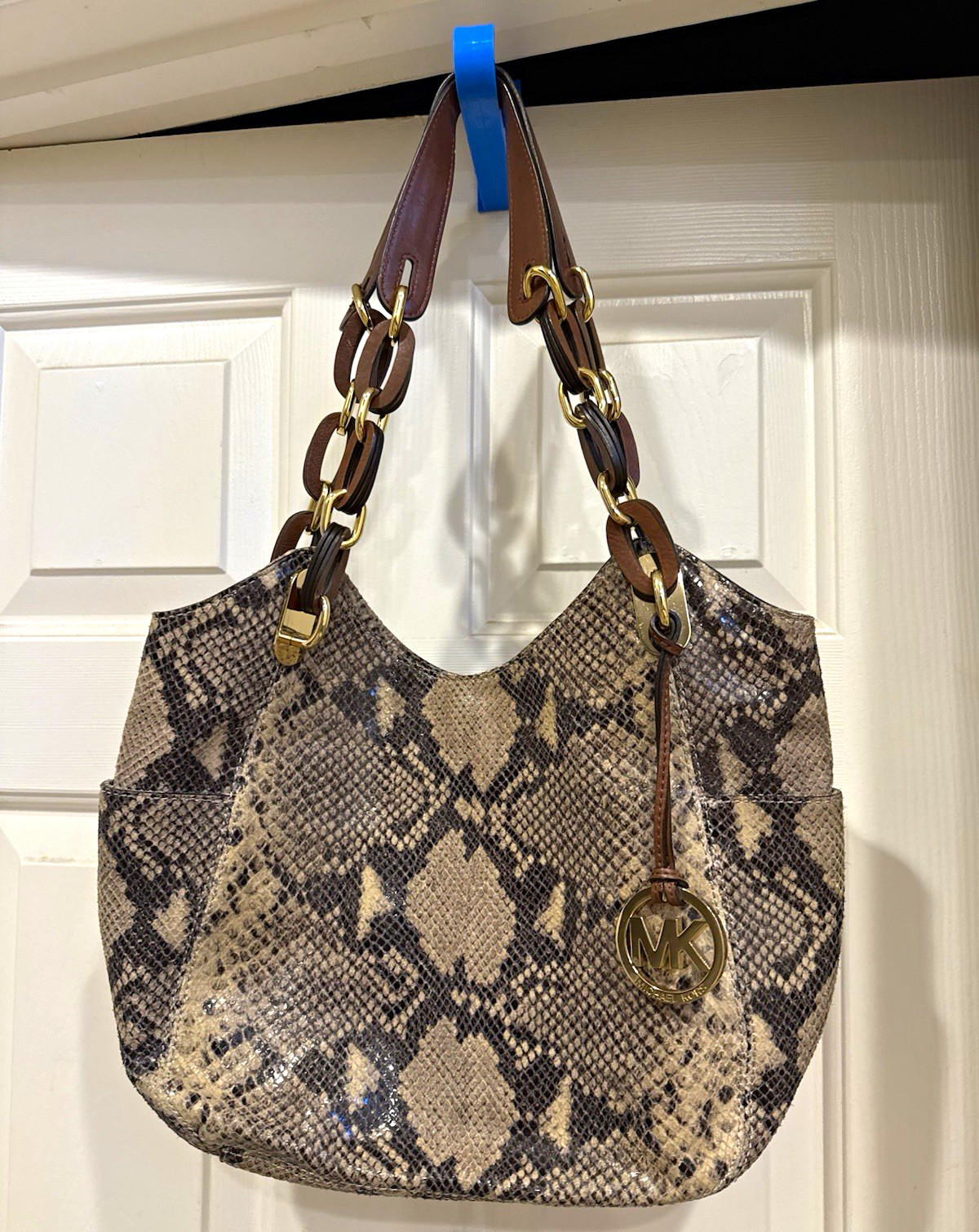 Michael Kors Large Snake Print Crescent Shoulder Bag Brown Strap Gold Hardware