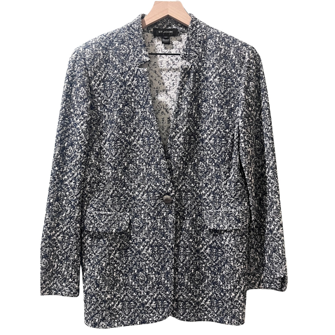 ST. JOHN Collection Navy Blue & White Tweed Knit Blazer Jacket Size 12