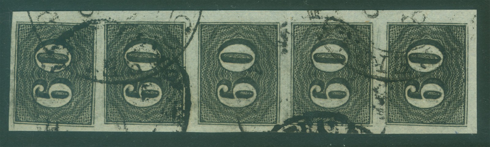 BRAZIL 1850 CAT EYES  60reis black  Scott # 24 used XF  STRIP of 5