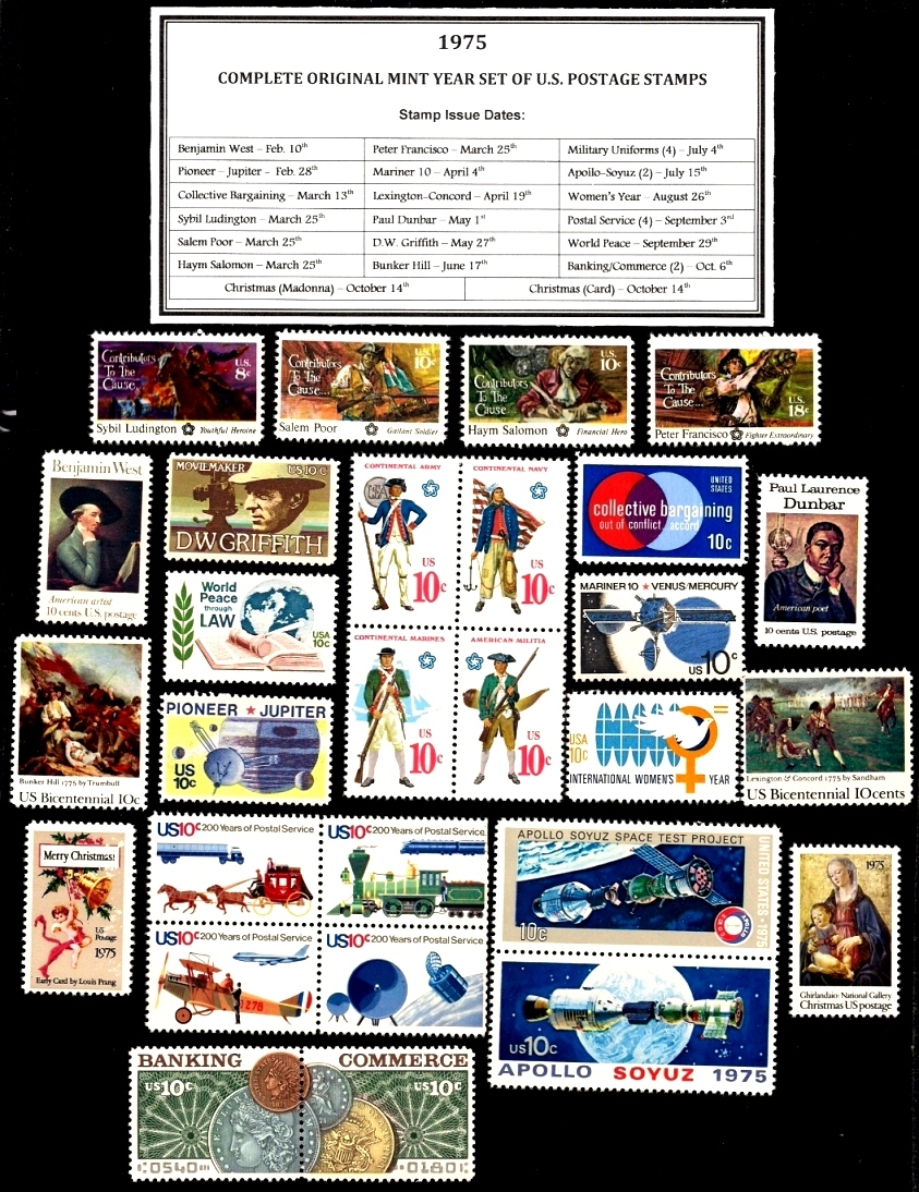 1975 COMPLETE YEAR SET OF MINT NH (MNH) VINTAGE U.S. POSTAGE STAMPS