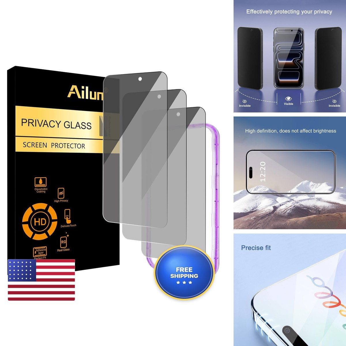Ailun 3 Pack Privacy Screen Protector iPhone 17 Pro Max Tempered Glass