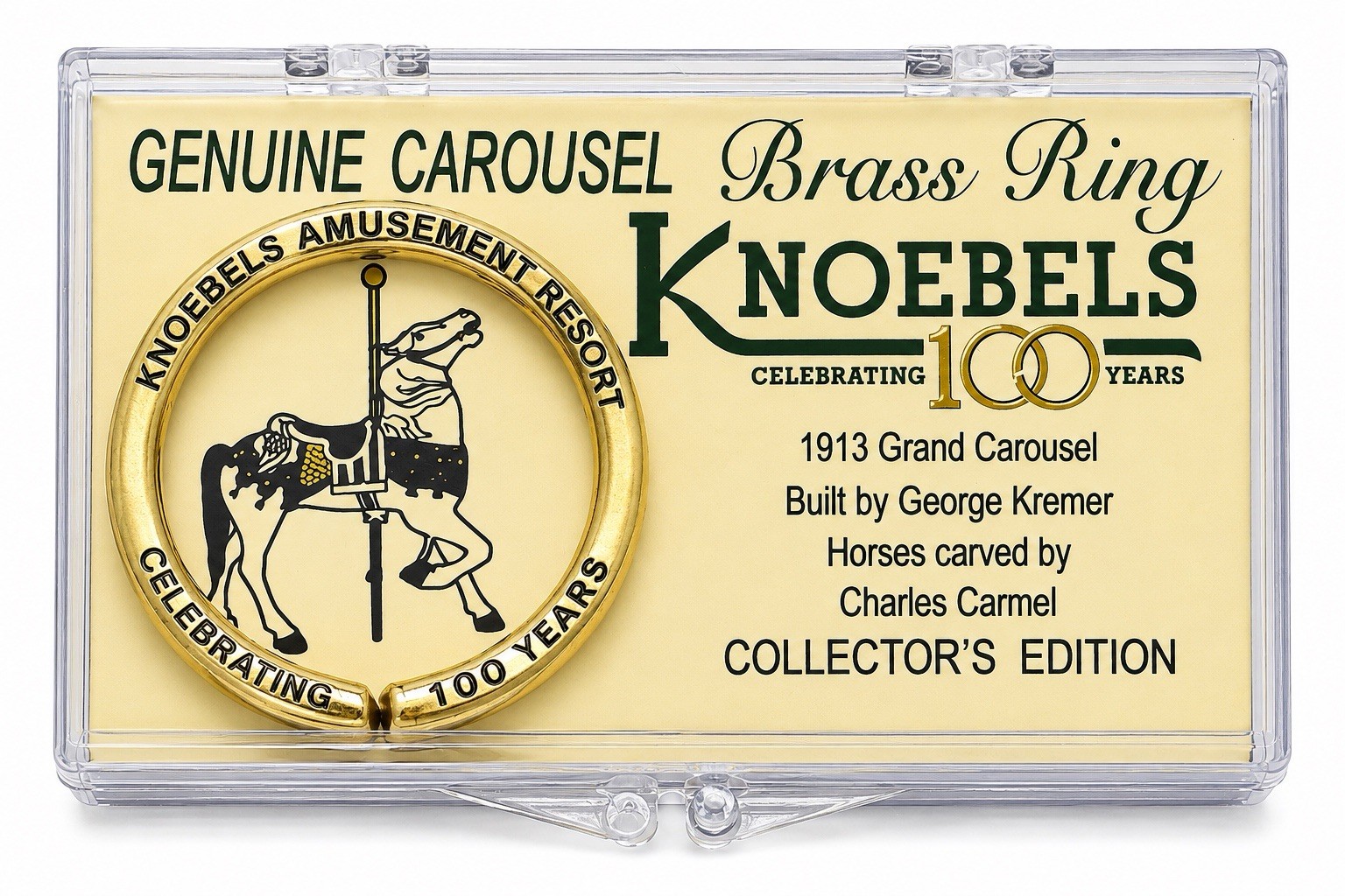 Knoebels Amusement Park 100th Anniversary Genuine Carousel Brass Ring & Souvenir Knoebels Amusement Park 100th Anniversary Genuine Carousel Brass Ring & Souvenir