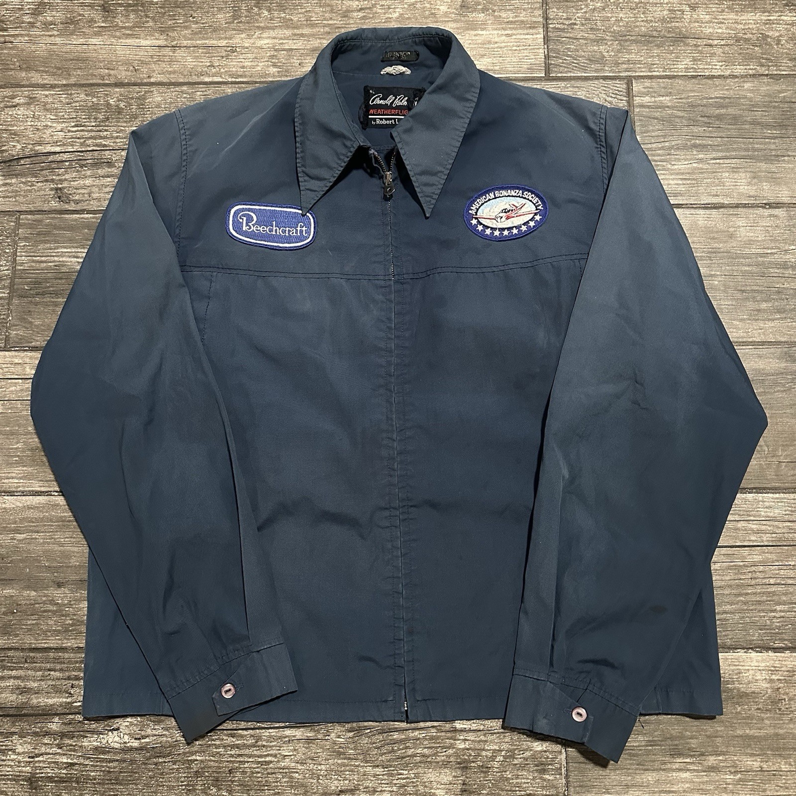 VTG 70s BEECHCRAFT AMERICAN BONANZA SOCIETY AIRPLANE BLUE PLANE CLUB JACKET SZ L