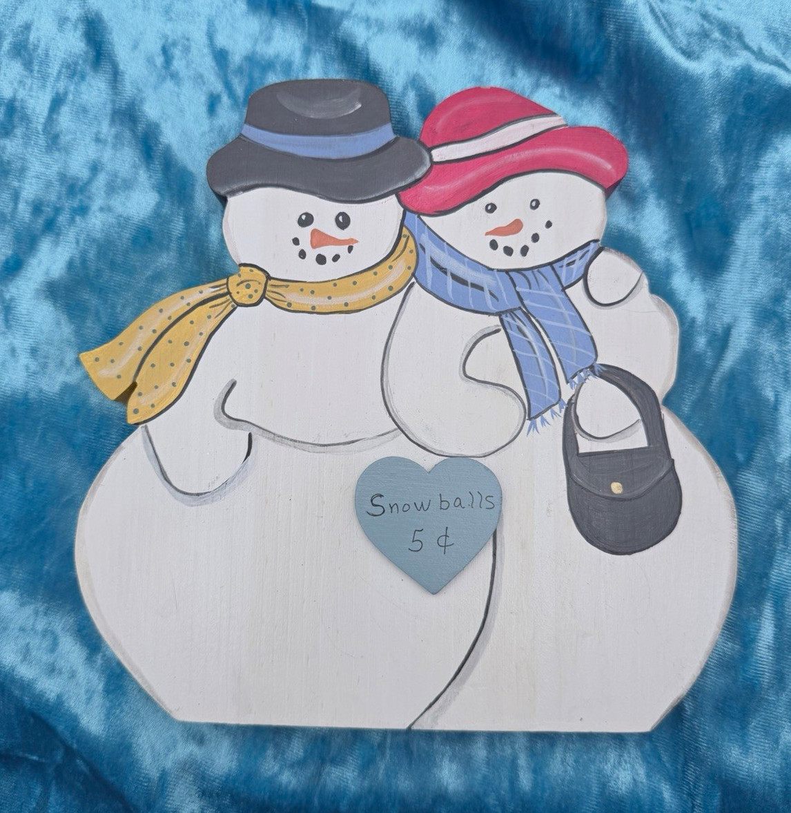 Vintage Hand Painted Wooden Snowman Couple Winter Table Shelf Decor Christmas