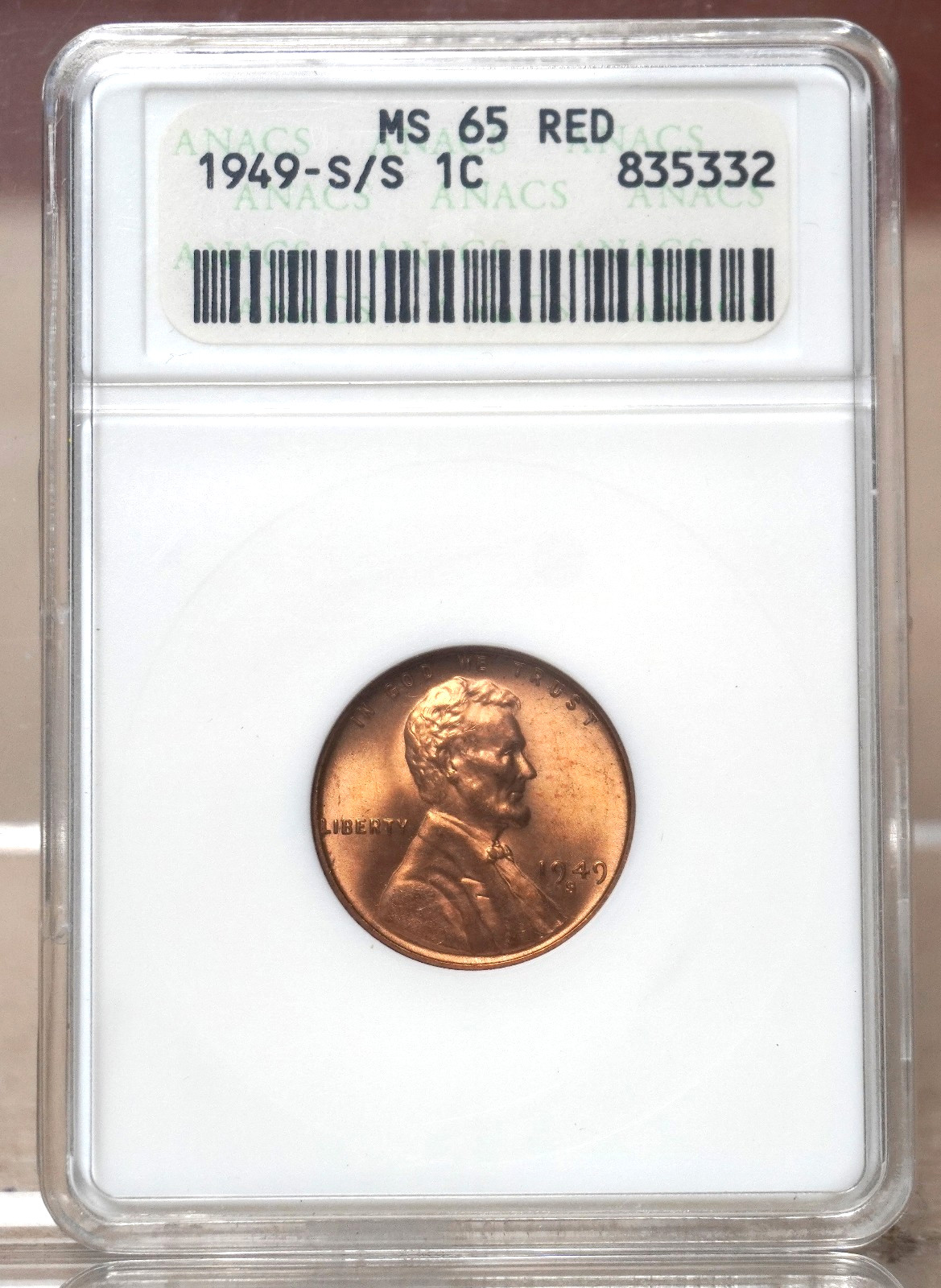 1949-S/S LINCOLN WHEAT CENT ANACS MS65 RED 835332 - OLD HOLDER