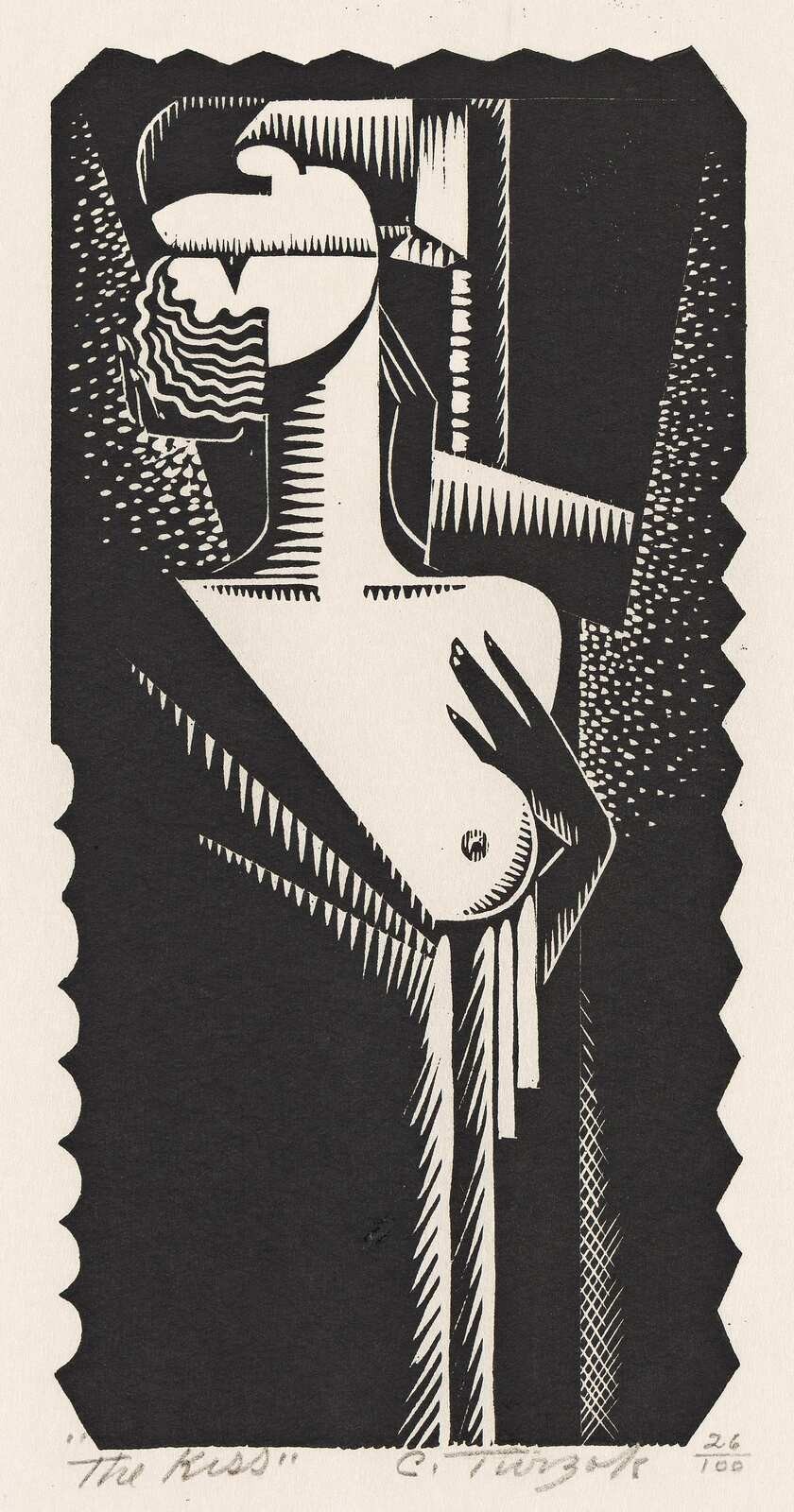 Charles Turzak : The Kiss : Cubist Style Figure Woodcut Art Print 1932   11x17\