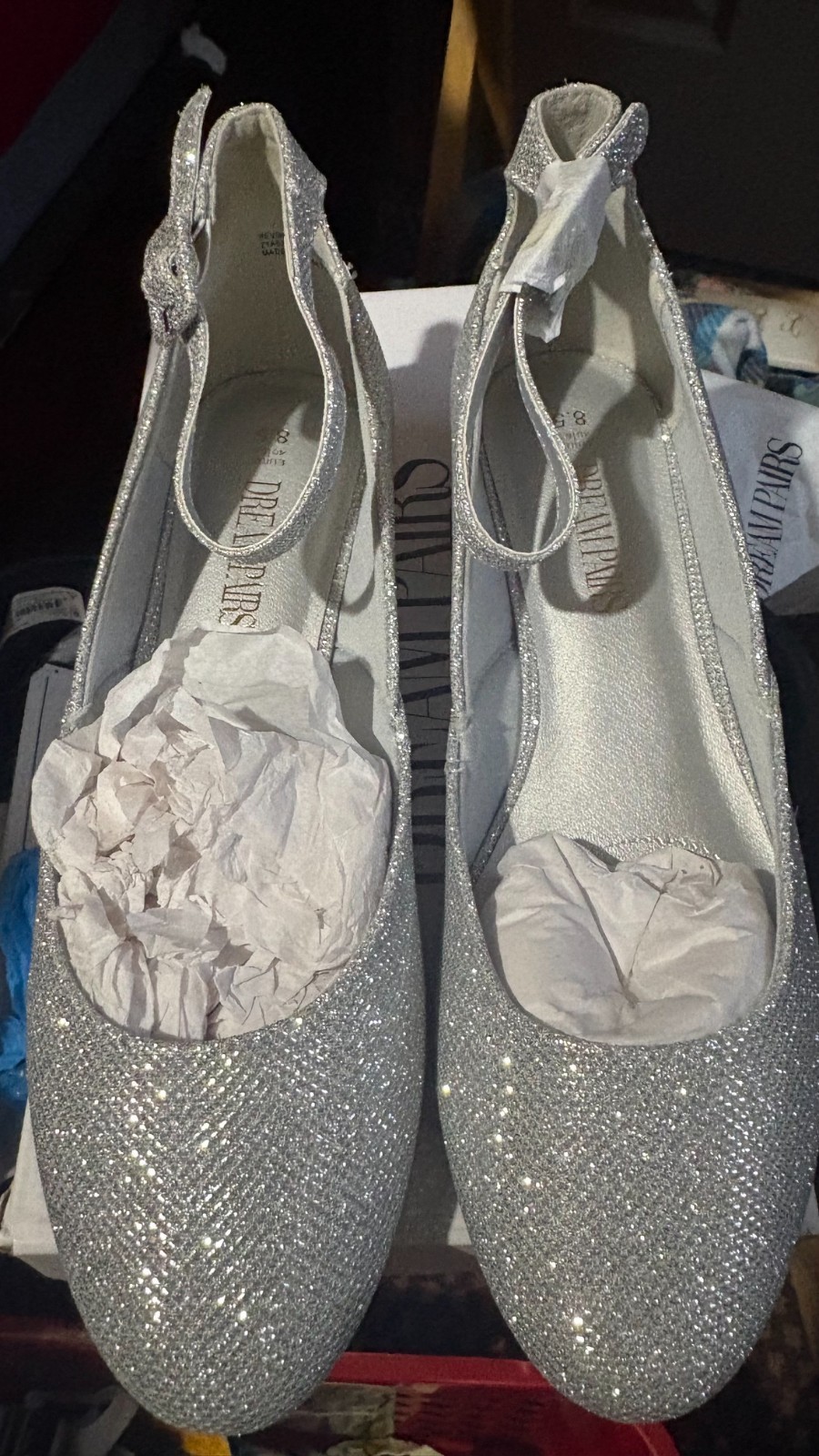 Dream Pairs Womens Shoes REVONA Silver Glitter Flat Ankle Strap Low Wedge Sz 8.5