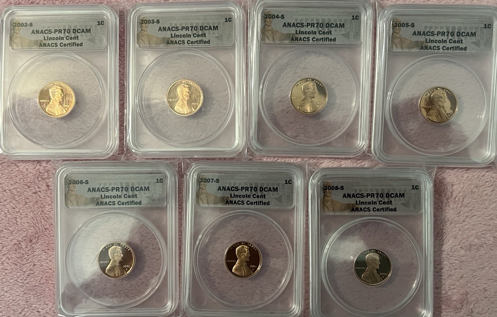 2002 - 2008 S Lincoln Cent Proof Set All PR70DCAM ANACS Certified (7 Coins Set)