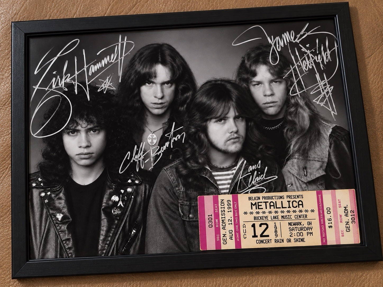 Metallica Signed Photo Reprint Framed w/ 1989 Concert Ticket Reprint