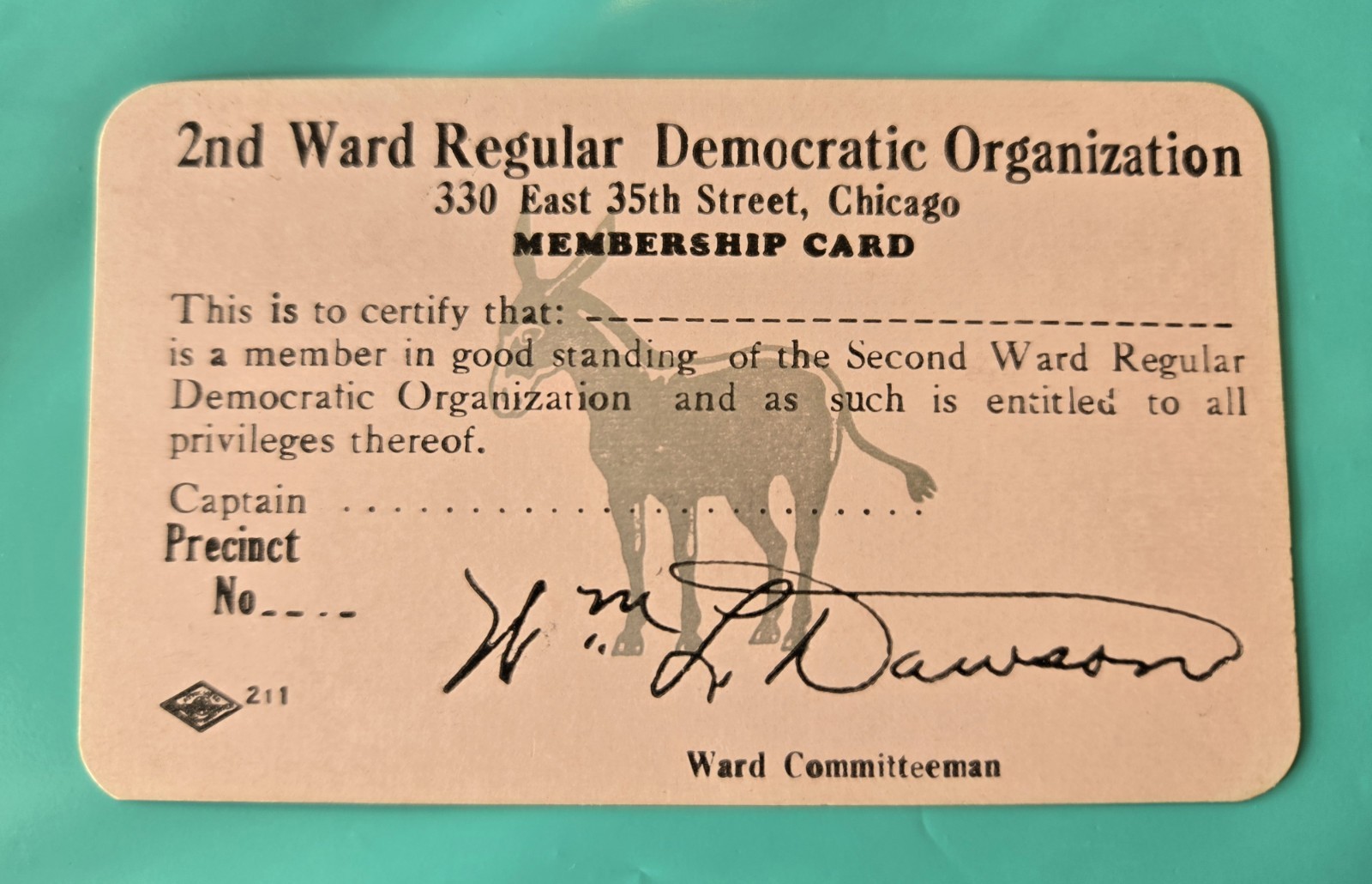 Vintage William L. Dawson Signed Chicago 2nd Ward Democratic Membership Card