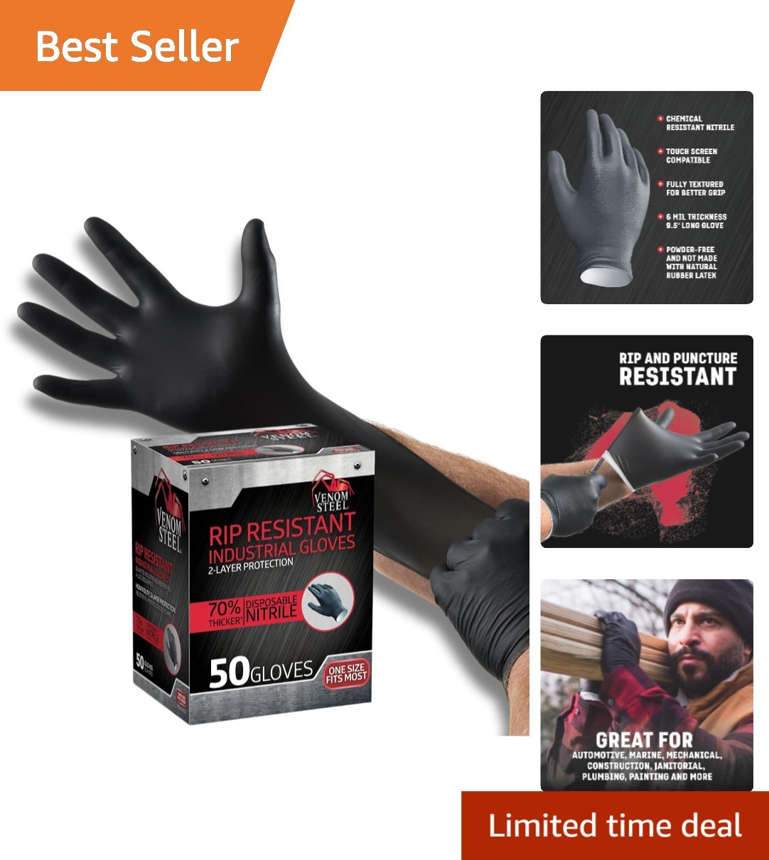 Disposable Black Nitrile Gloves - 6 Mil, Latex-Free & 50 Count for Safety