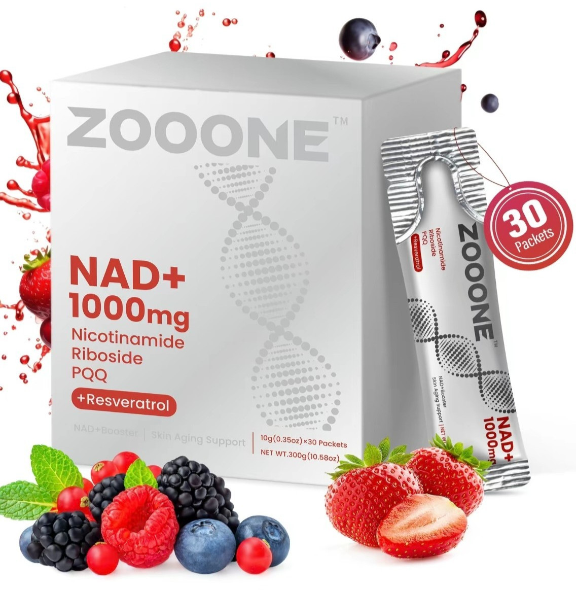 ZOOONE NR1000 NAD+ Drink Mix - Berry Flavor, Energy & Skin Support, 30 Pack