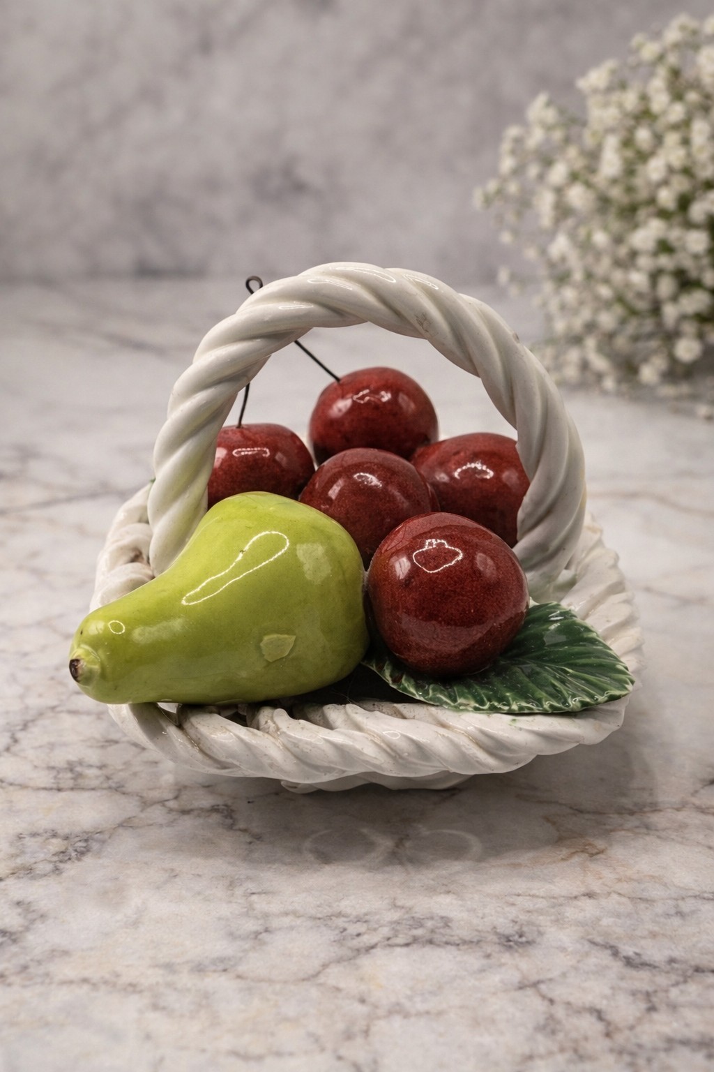 Vintage Italian Ceramic Fruit Basket Cherries Pear Lazzarin Italy Hand Painted