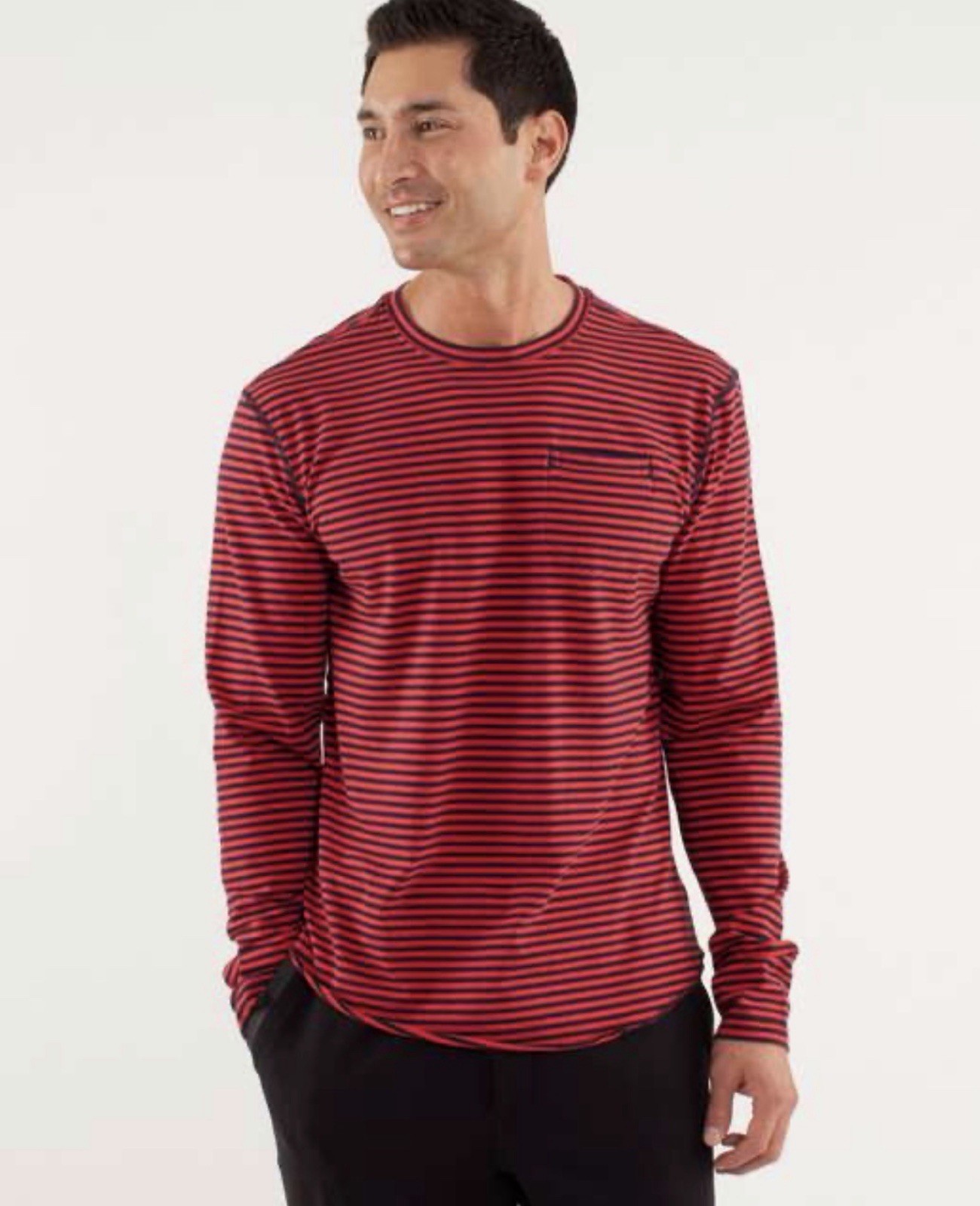 Lululemon Five Year Basic XL Long Sleeve Shirt Red Blue Stripe Pocket Crewneck Lululemon Five Year Basic XL Long Sleeve Shirt Red Blue Stripe Pocket Crewneck